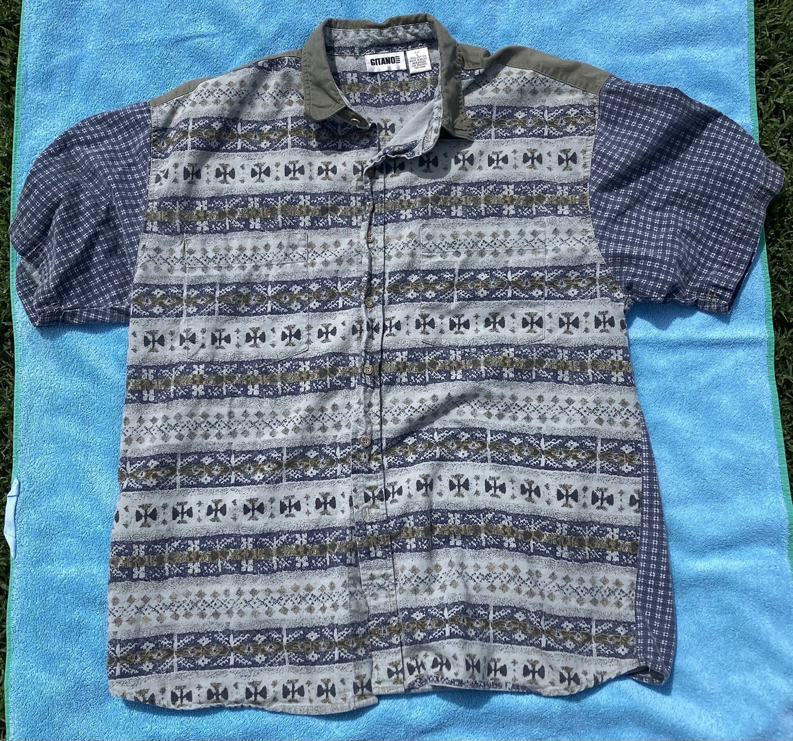 Gitano Sportswear Men’s Shirt Button Up Green/blue Print 2-pocket Sz Medium