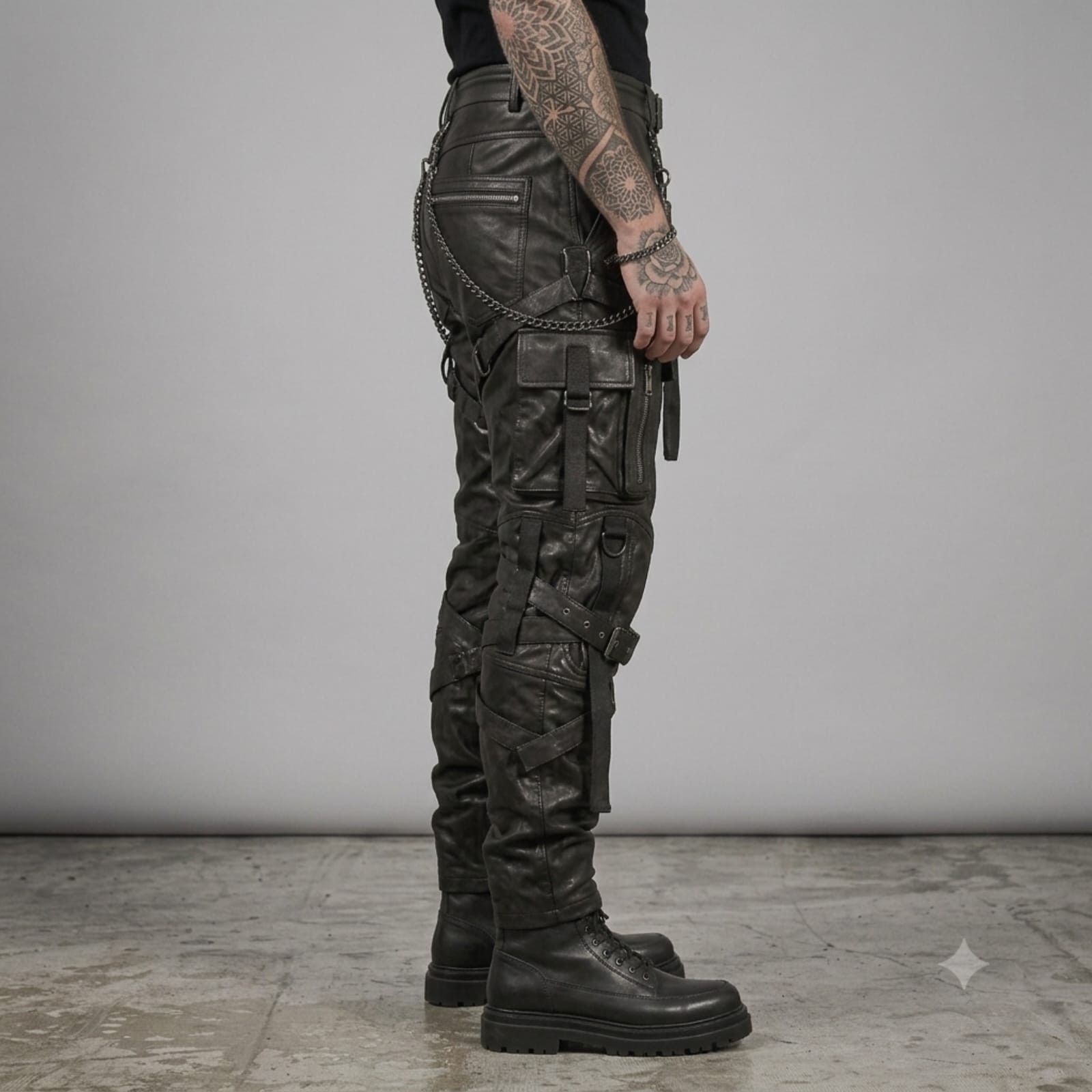 Mens Black Leather Cargo Pants Inspired Gothic Tactical Biker Straps Trousers