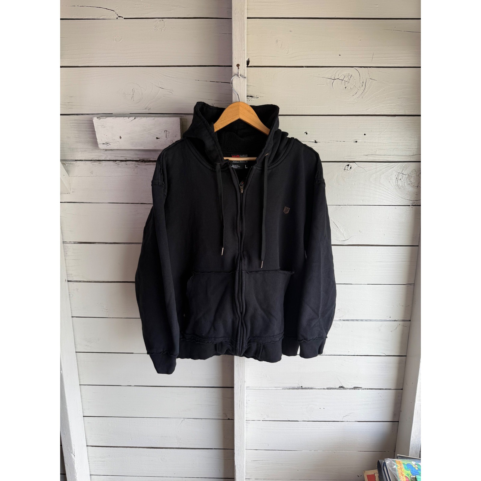 Southpole Mens Full Zip Hoodie Black Distressed Raw Edge Sweatshirt Large