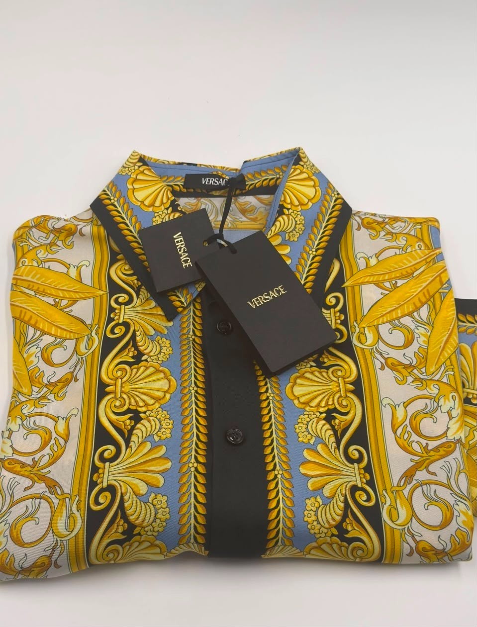 Versace La Vacanza Shirt Silk Barocco Gold Palm new authentic in size 46 IT, S