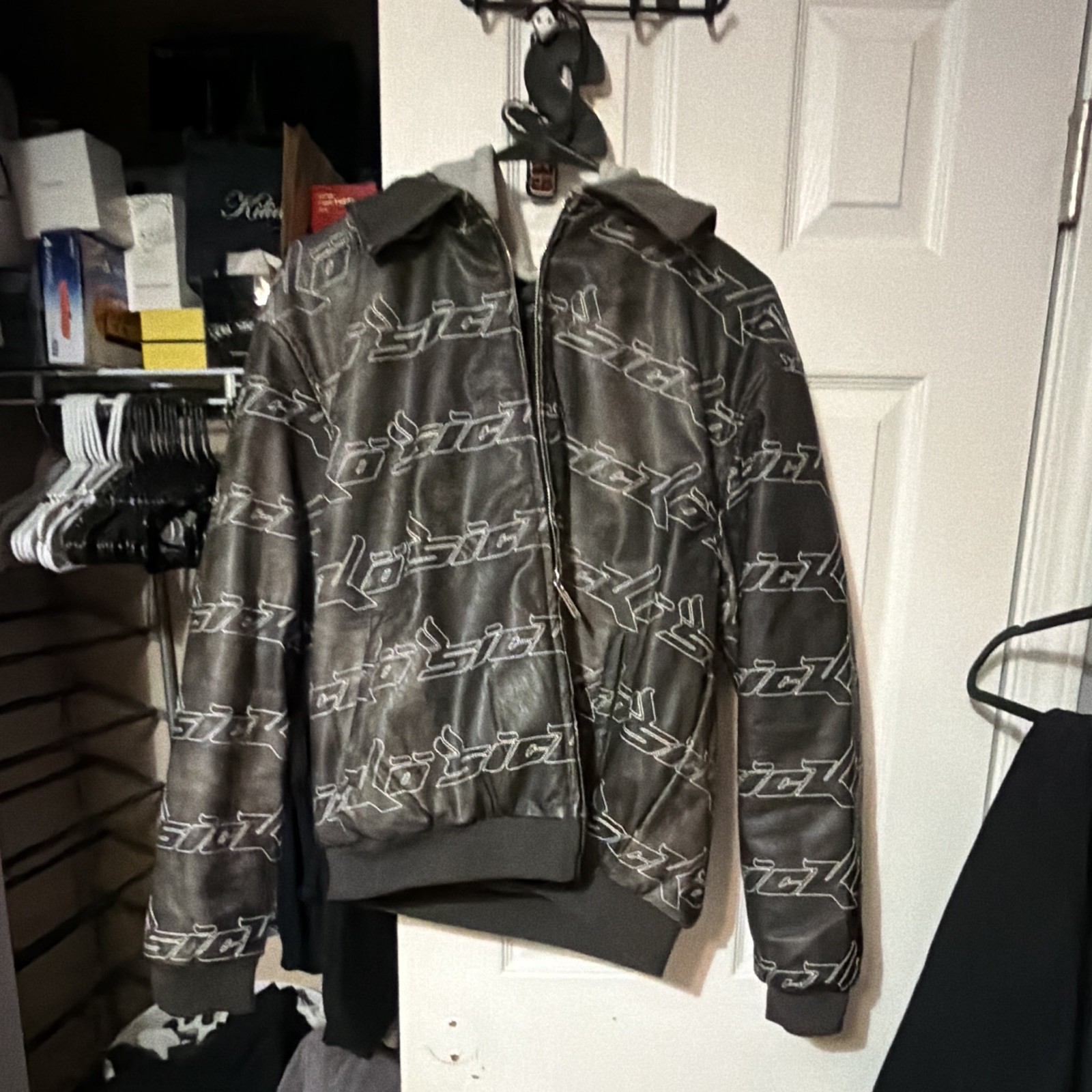 Sicko Men’s M Leather Bomber Jacket Black/Gray Allover Logo Full Zip