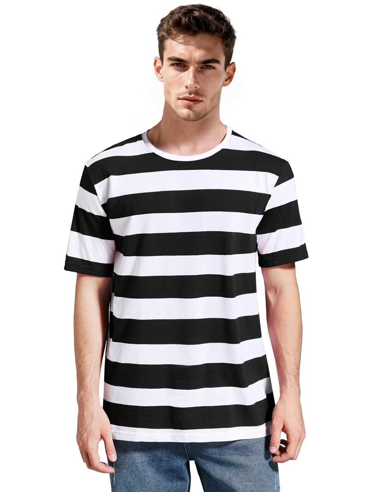 Zecmos Striped T Shirt for Men Crew Neck Slim Fit Wide Stripe Tee Cotton Top
