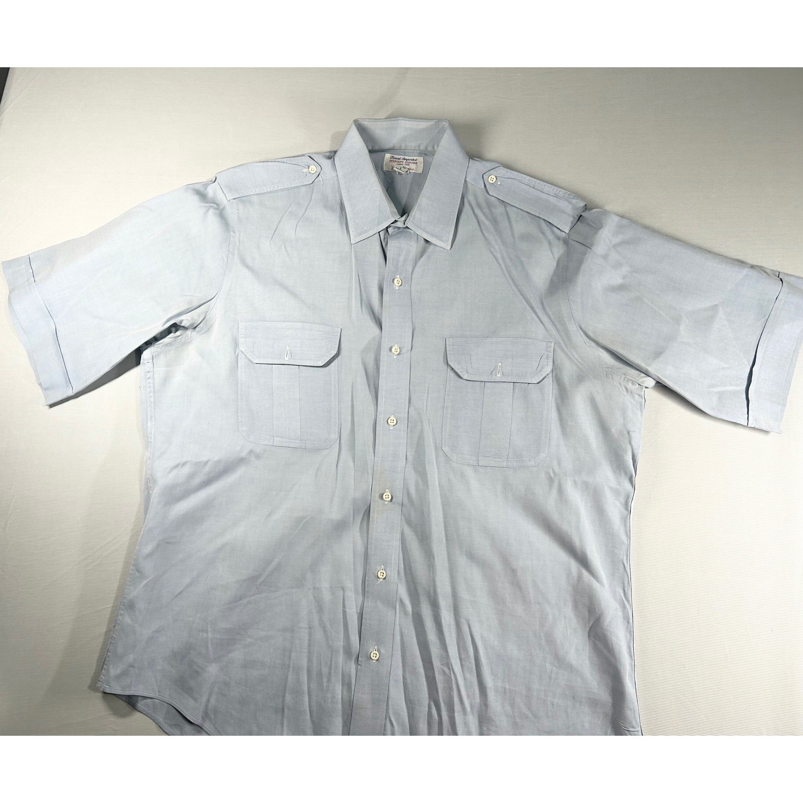 Neiman Marcus Mens Blue Pinpoint Oxford Short Sleeve Epaulet Shirt Size L USA