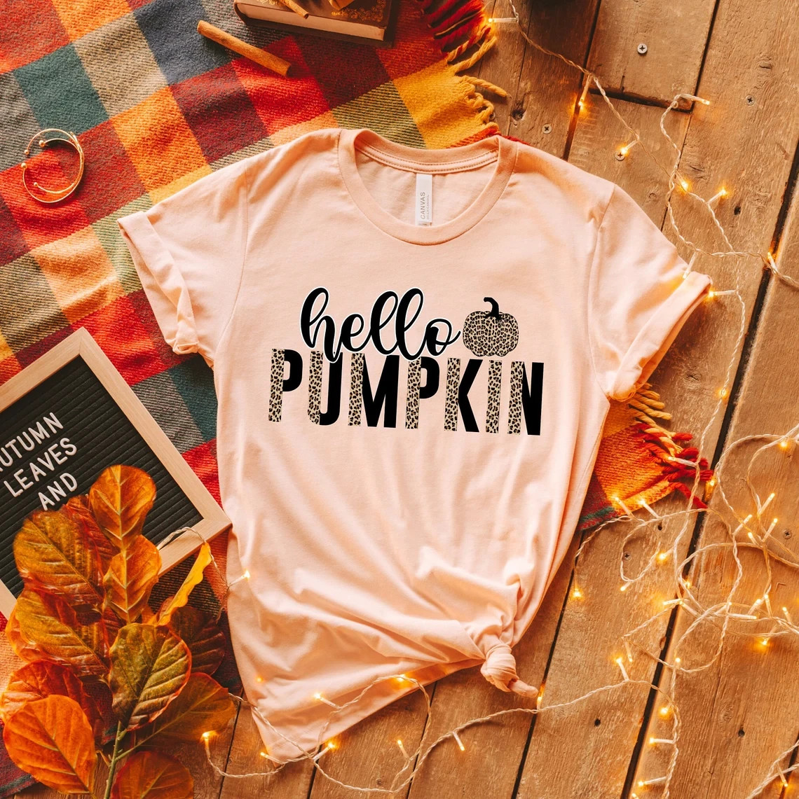 Hello Pumpkin T-Shirt Cute Leopard Print Fall Season Graphic Tee Thanksgiving