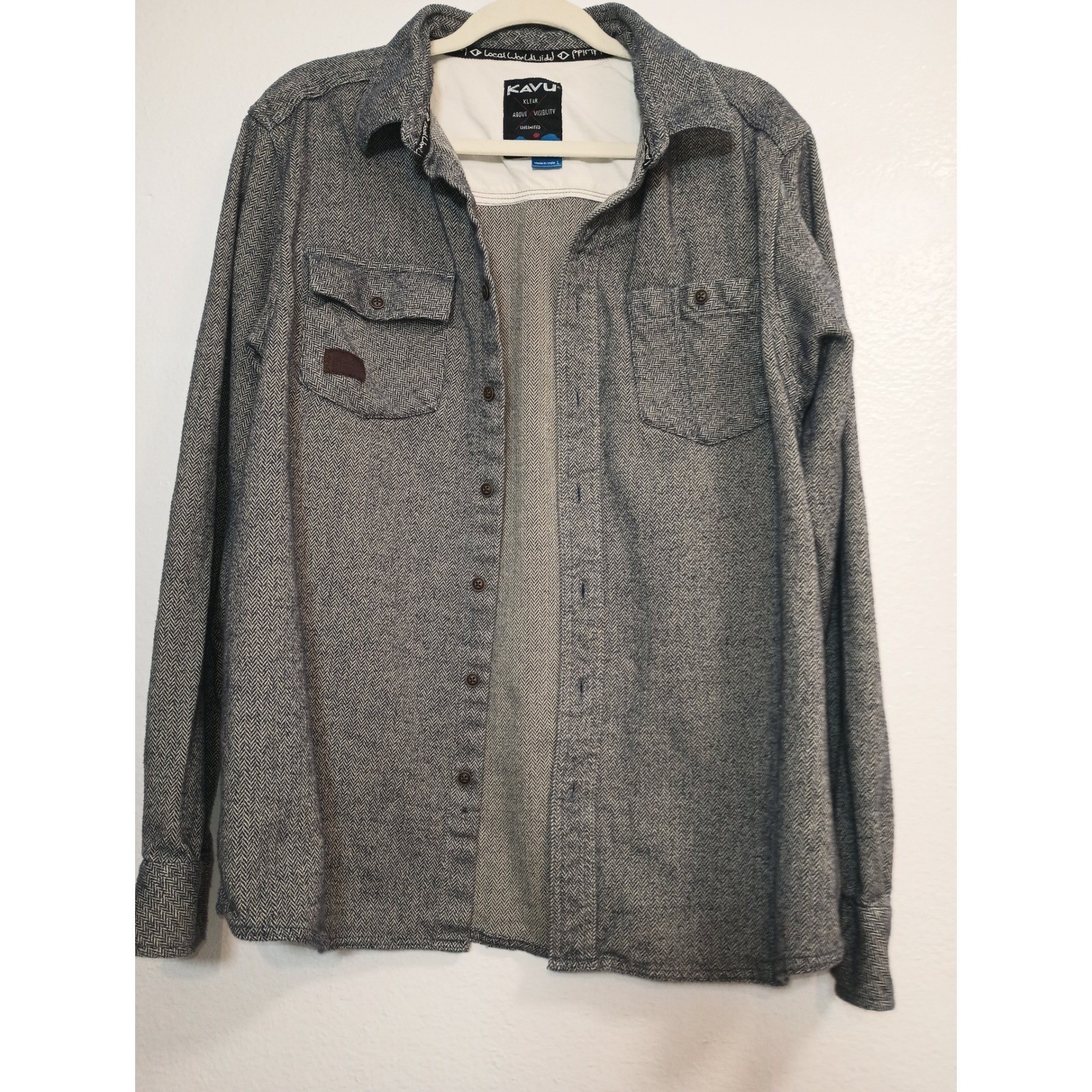 Kavu Mens Herringbone Button Down Shirt Grey White Long Sleeve Large Gorpcore
