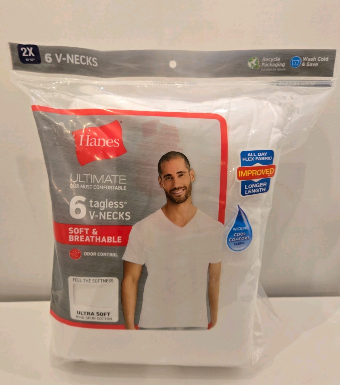Hanes Ultimate Tagless V-Neck Moisture Wicking Undershirts 2XL 6-Pack White