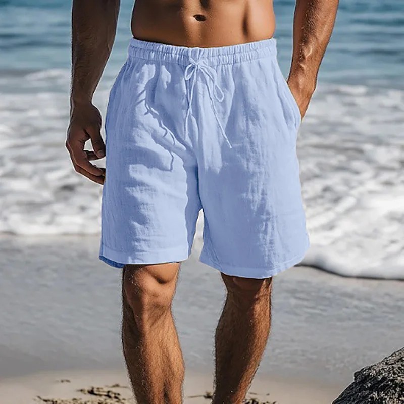 Men Cotton Linen Shorts Summer Casual Lightweight Breathable Beach Wear