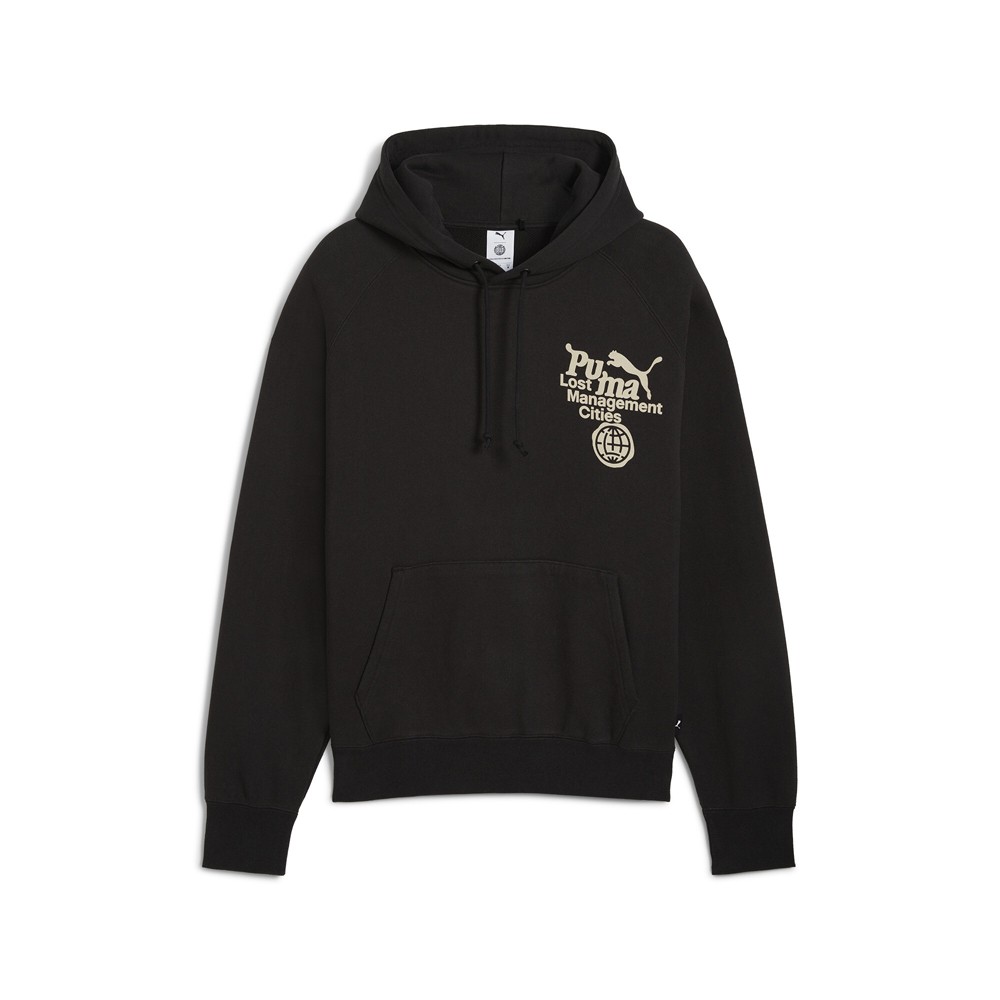 PUMA Lost Management Cities Logo Pullover Hoodie Mens Black Casual Outerwear 626