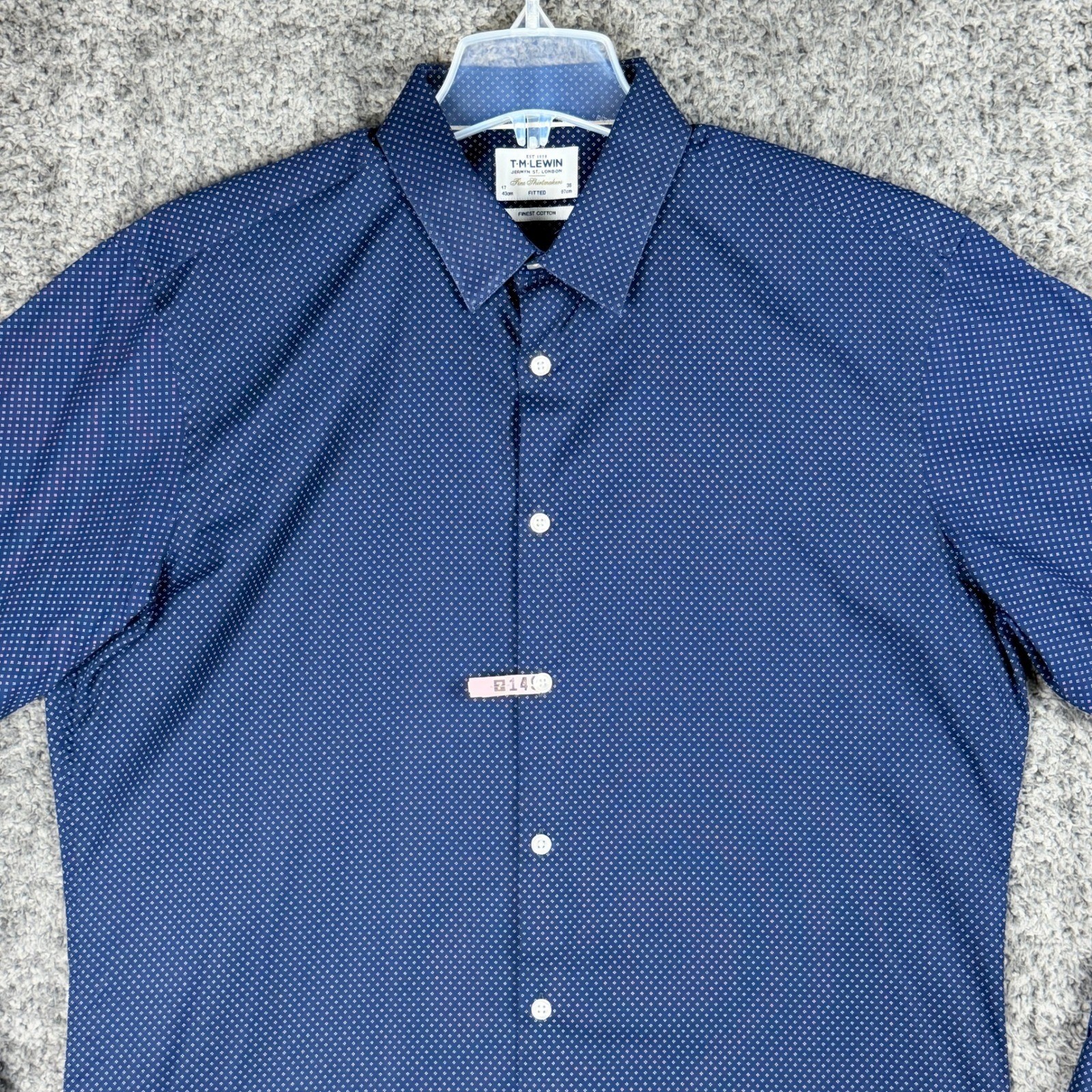 TM Lewin Men’s 17 43cm 36 97cm Fitted Dress Shirt Navy Blue Geometric Dot Cotton