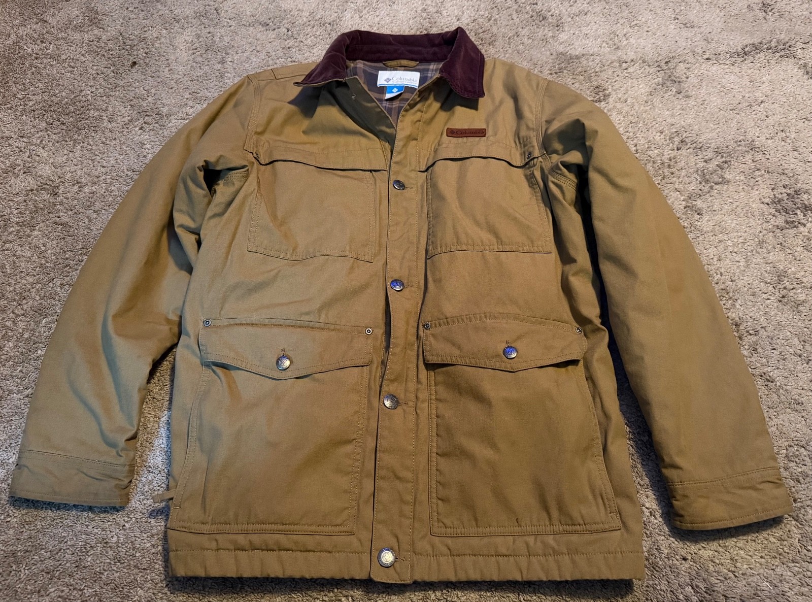 COLUMBIA MEN’S FLEECE LINED TAN BROWN JACKET COTTON PLAID TRIM SIZE LG