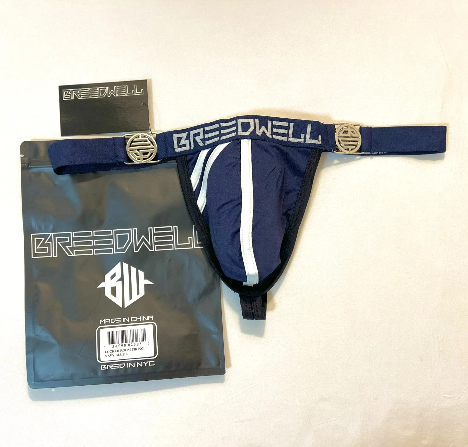 BREEDWELL Size L Locker Room T-Back Thong – Navy Blue/ Black/White/Silver