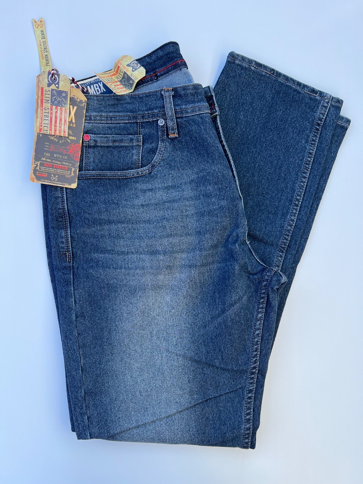 MBX 36×32 Slim Fit Men’s Denim Jeans in Medium Blue