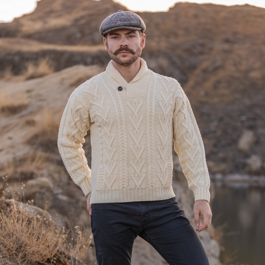 SAOL Aran Irish Fisherman Merino Wool Sweater Men’s Cable Knit Shawl Pullover