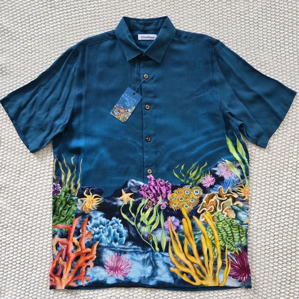 CARIBBEAN Men’s Aquatic Depths Deep Teal Coral Sea Shell S/S Shirt Size M NWT