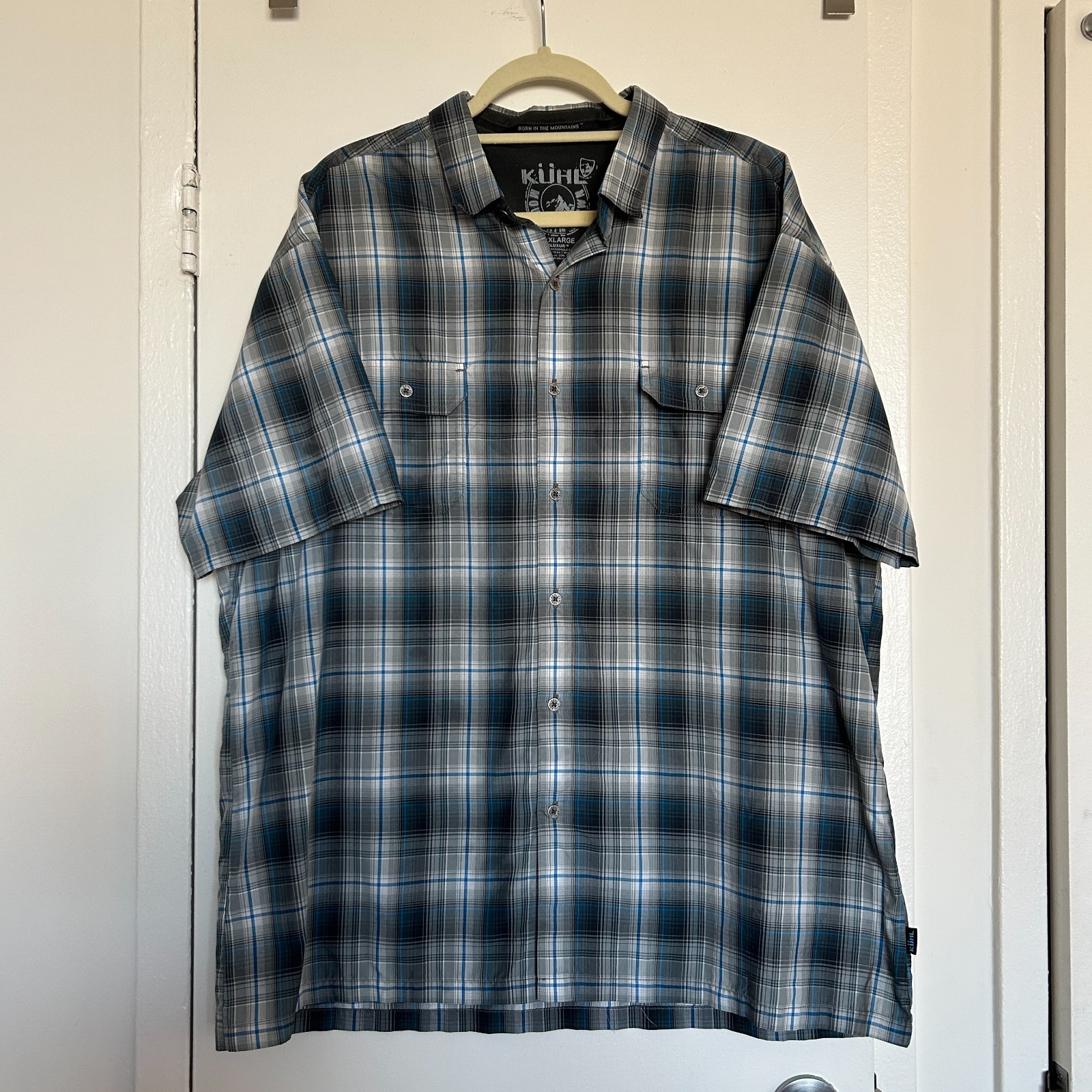 Kuhl Men’s Performance Blue Gray Plaid Short Sleeve Button Down Shirt (Size XXL)