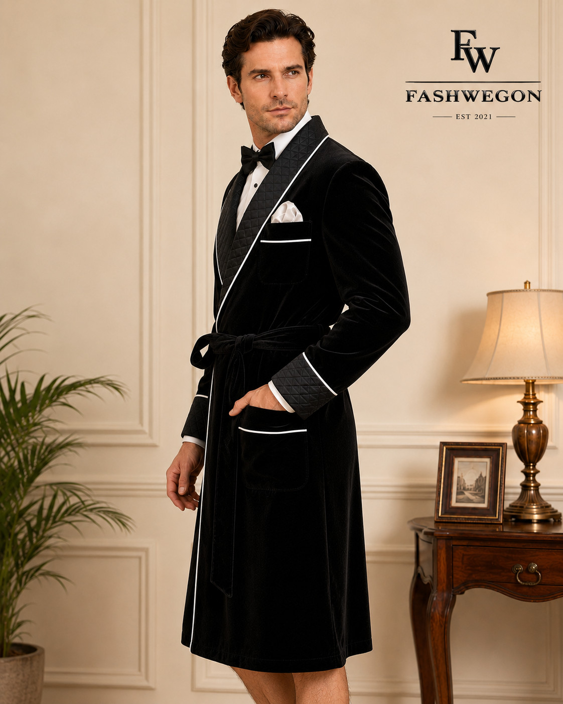 FASHWEGON Men’s Black Velvet Smoking Jacket Robe Luxury Shawl Collar Robe