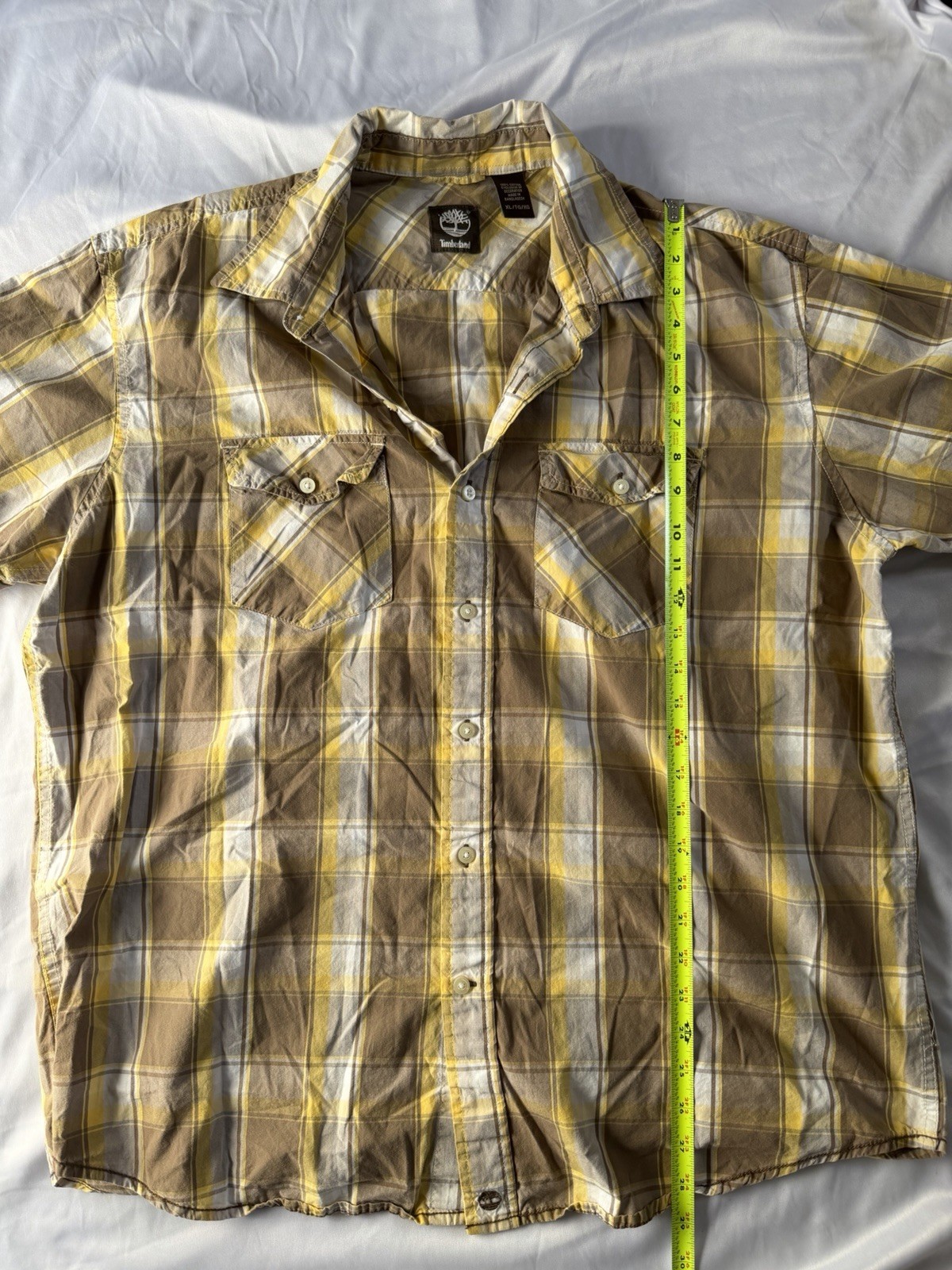 Timberland Button Up Shirt Mens XL Regular Brown Yellow Plaid Cotton Woven