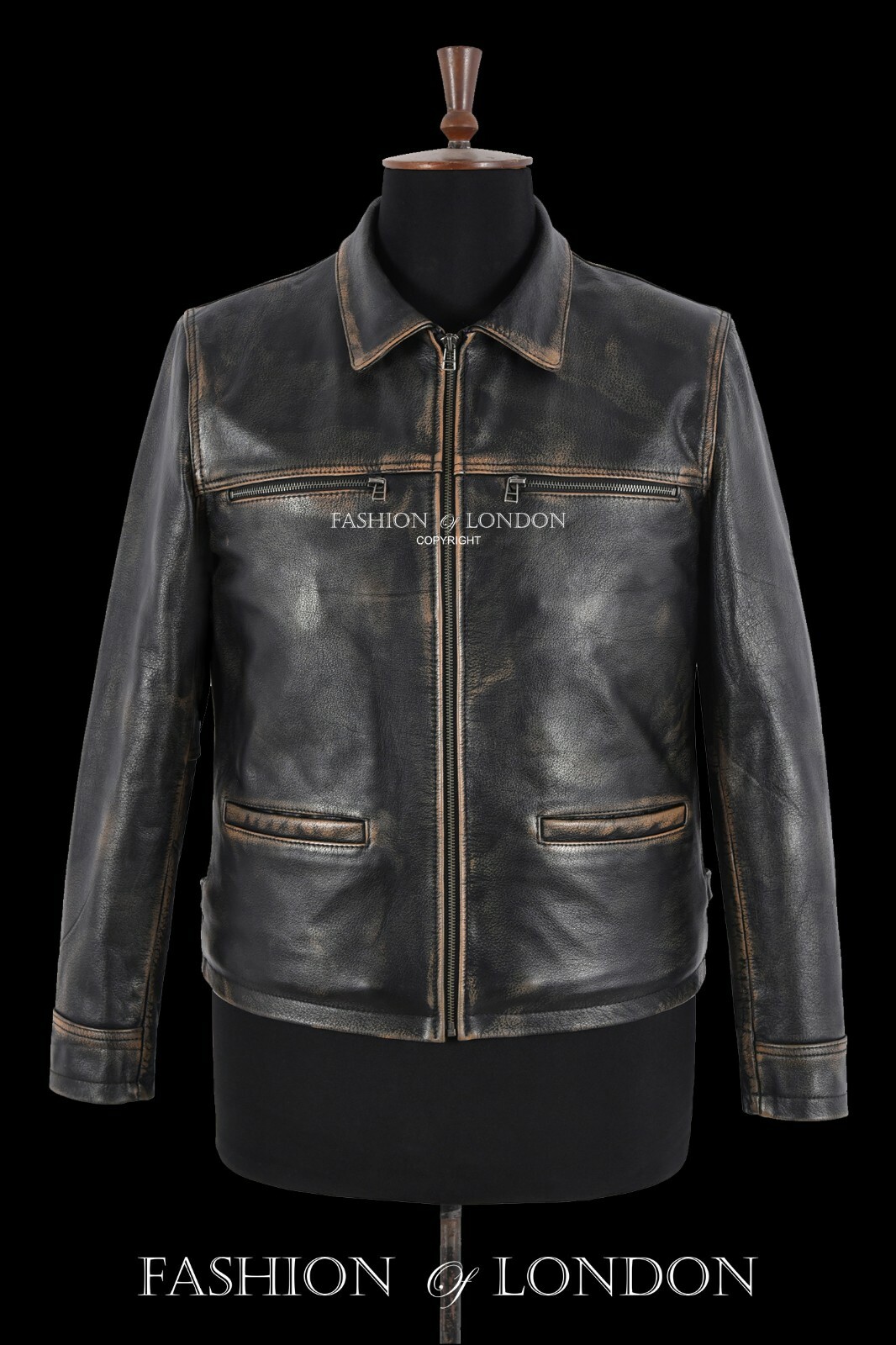Men’s Black Leather Jacket Zip Up Box Distress Classic Casual Semi Fitted Coat