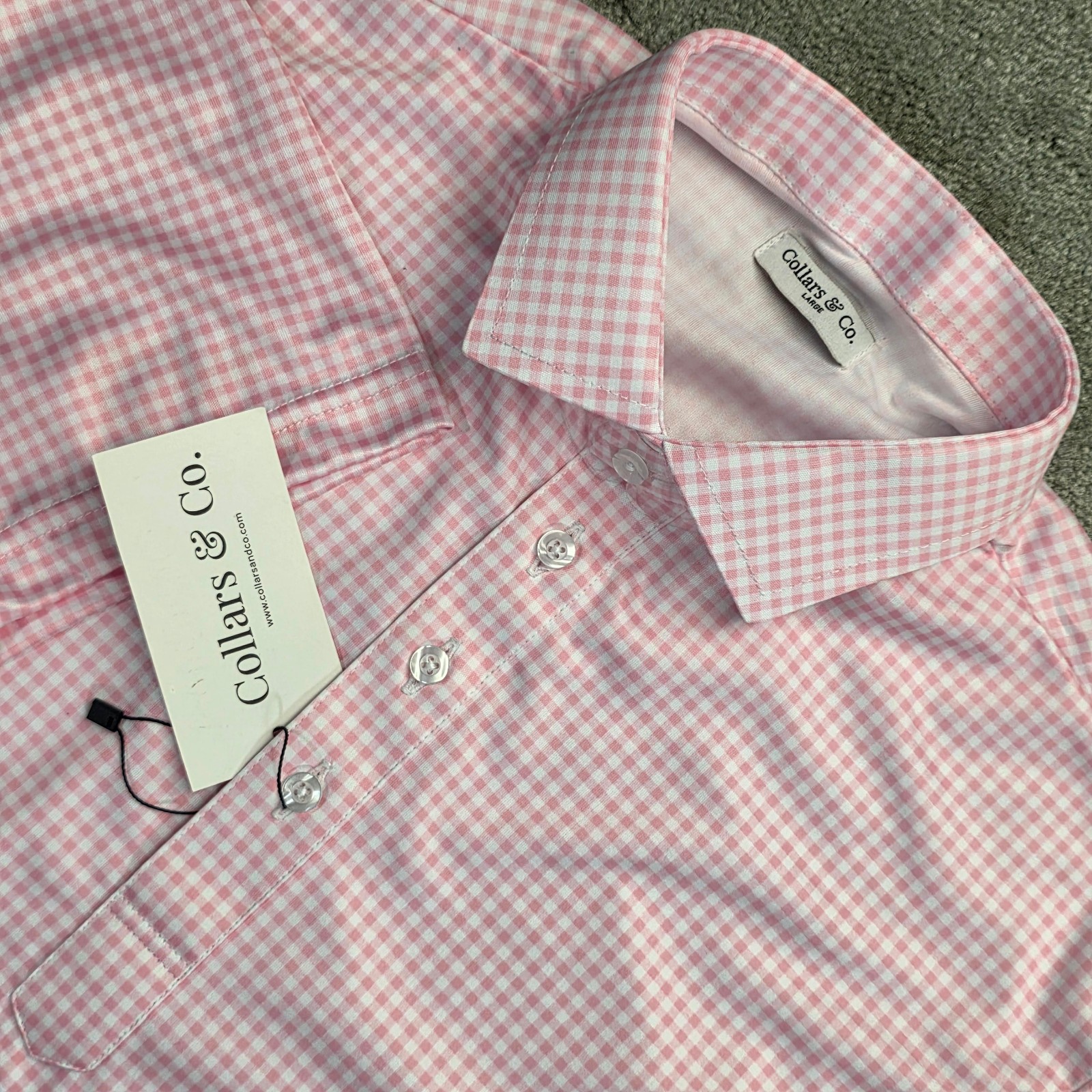 Collars and Co Men’s Dress Collar Stretch Polo Shirt Size L Pink White Gingham