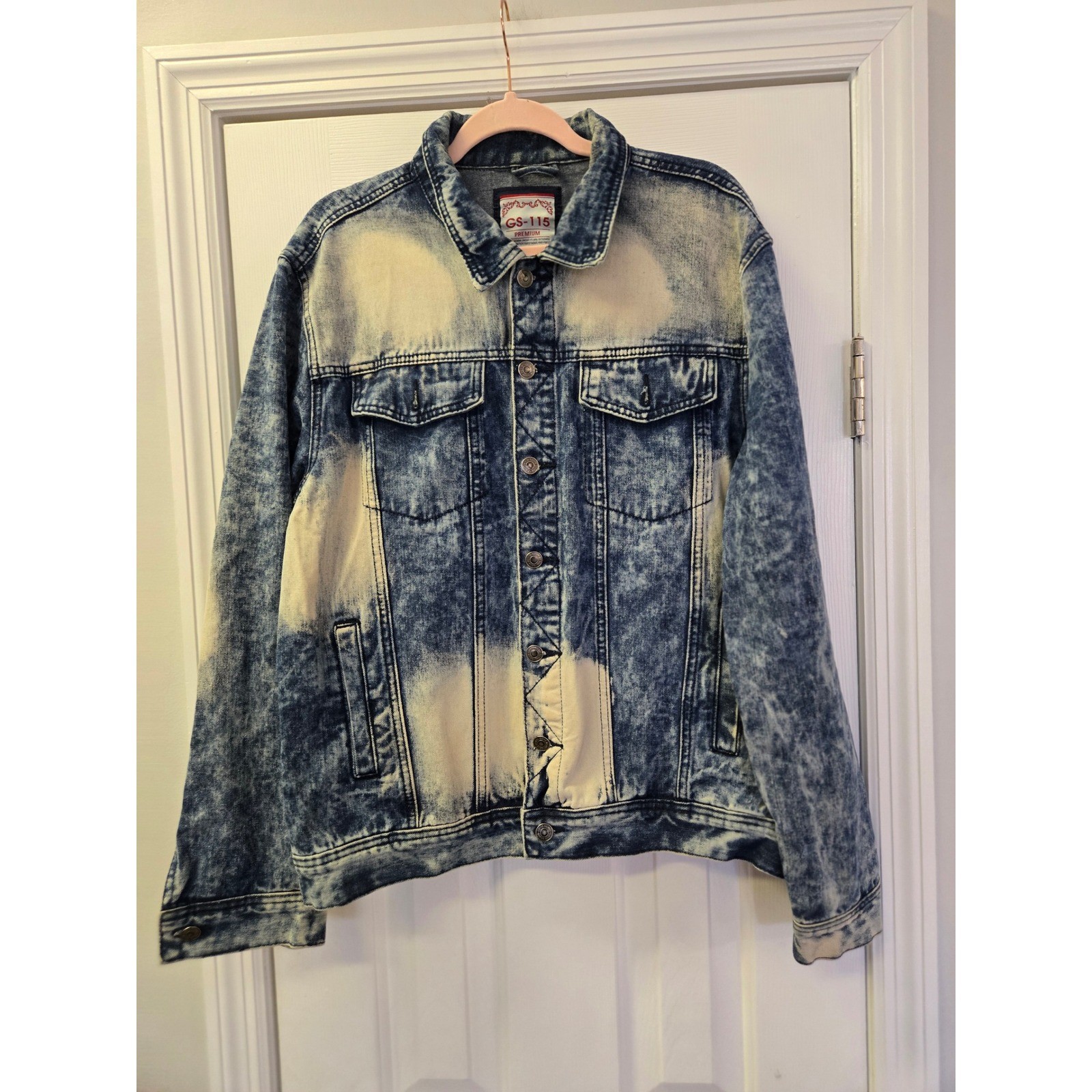 GS-115 Premium Mens Acid Wash Bleached Denim Trucker Jacket Blue XL Streetwear