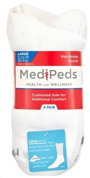 MediPeds Adult Men’s NanoGLIDE® White Quarter Cushion Socks, Large, 4 pairs
