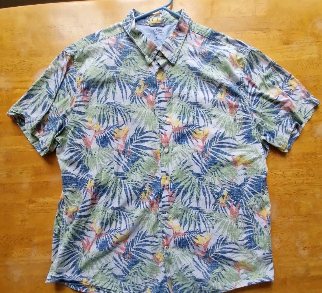 Izod Saltwater Mens Shirt Sz 2XL Palm Fronds Tropical Vacation Weekend