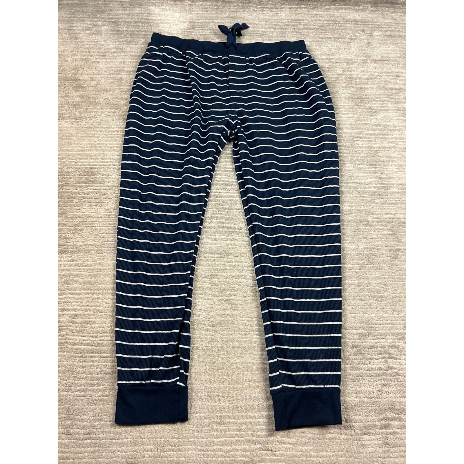 George Pajama Pant Men XL Navy Blue Striped Waffle Knit Jogger Loungewear Cuffed