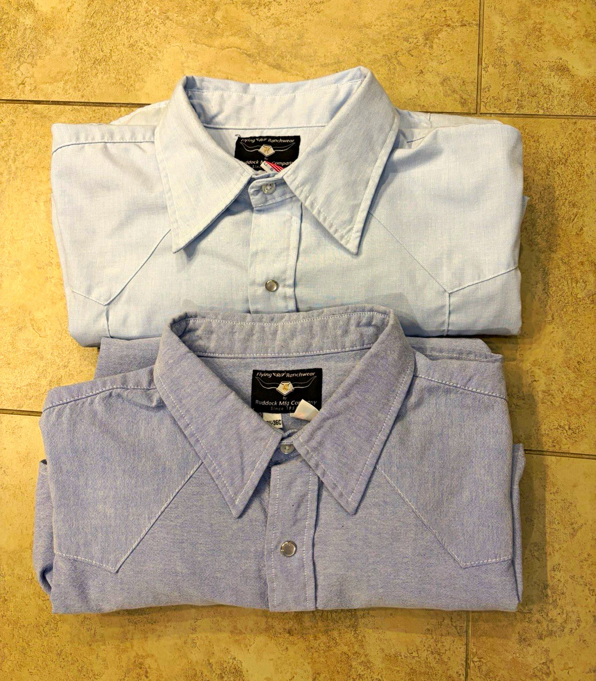 Pair of Vintage Flying R Ranchwear Men’s Western Shirt Light Blue Pearl Snap USA