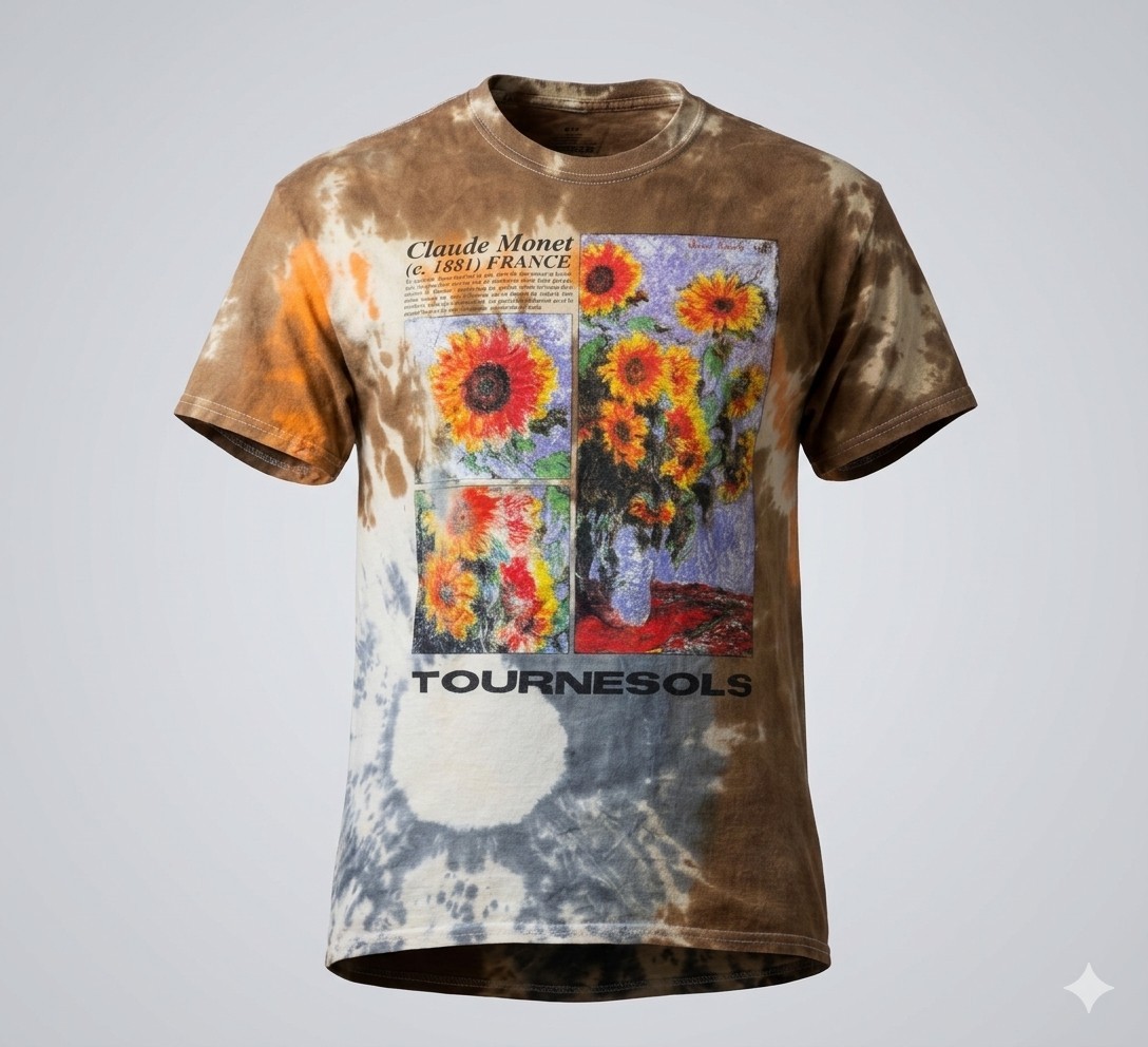 Philcos Claude Monet Tournesols Tie Dye Men’s Brown Art T-Shirt. Size M