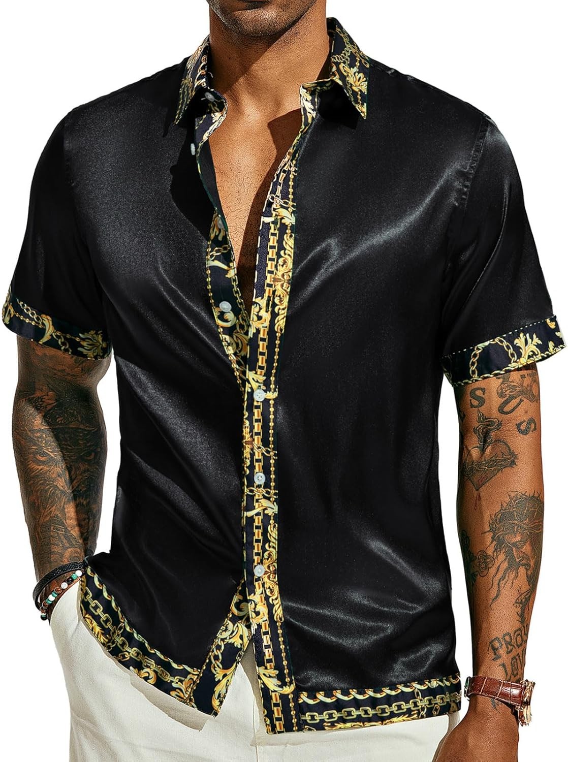 Mens Short Sleeve Button Down Shirt Satin Silk Hawaiian Printed Casual Beach