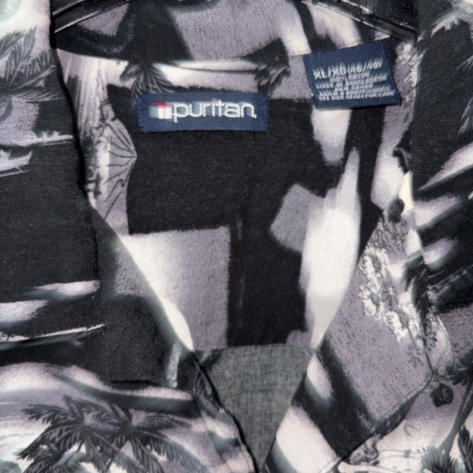 Puritan Mens XL Black White Hawaiian Shirt Hula Girl Palm Tree Aloha Camp