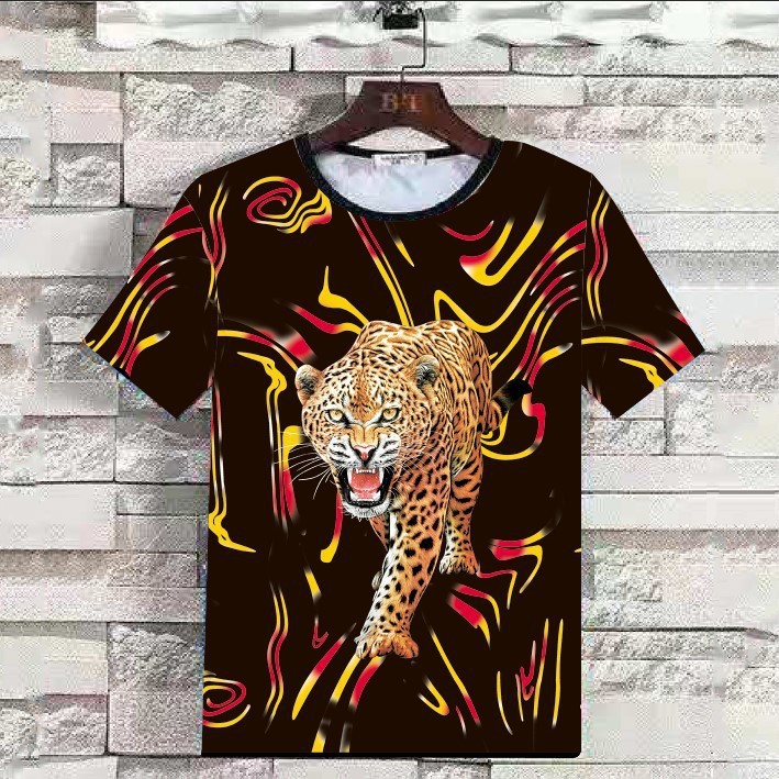 Digital 3D print tiger head casual summer men’s round neck T-shirt