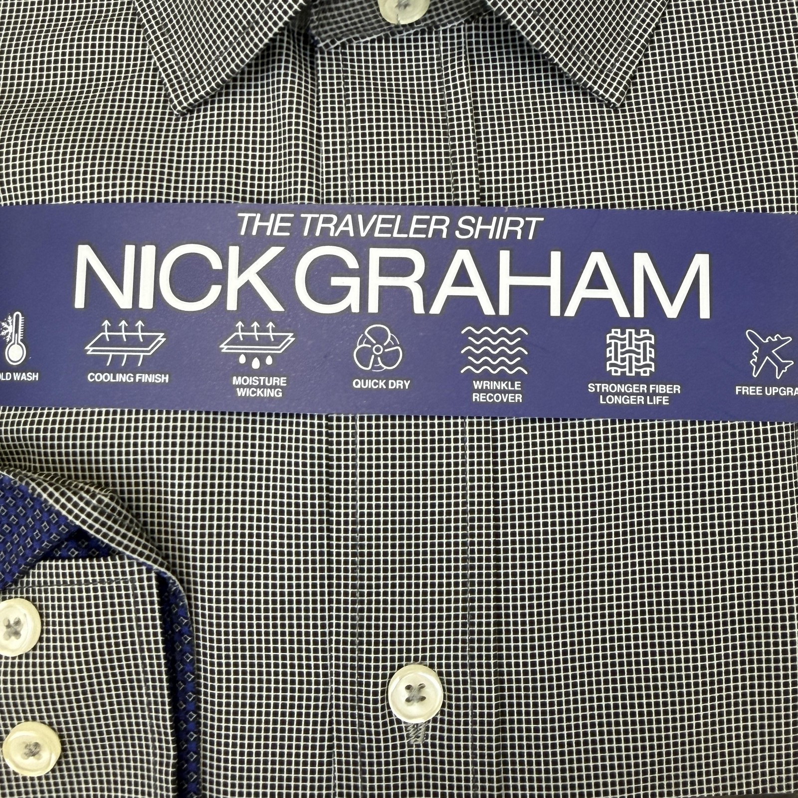 Nick Graham Dress Shirt Mens 15.5 34/35 Black Check Stretch Modern Fit Traveler