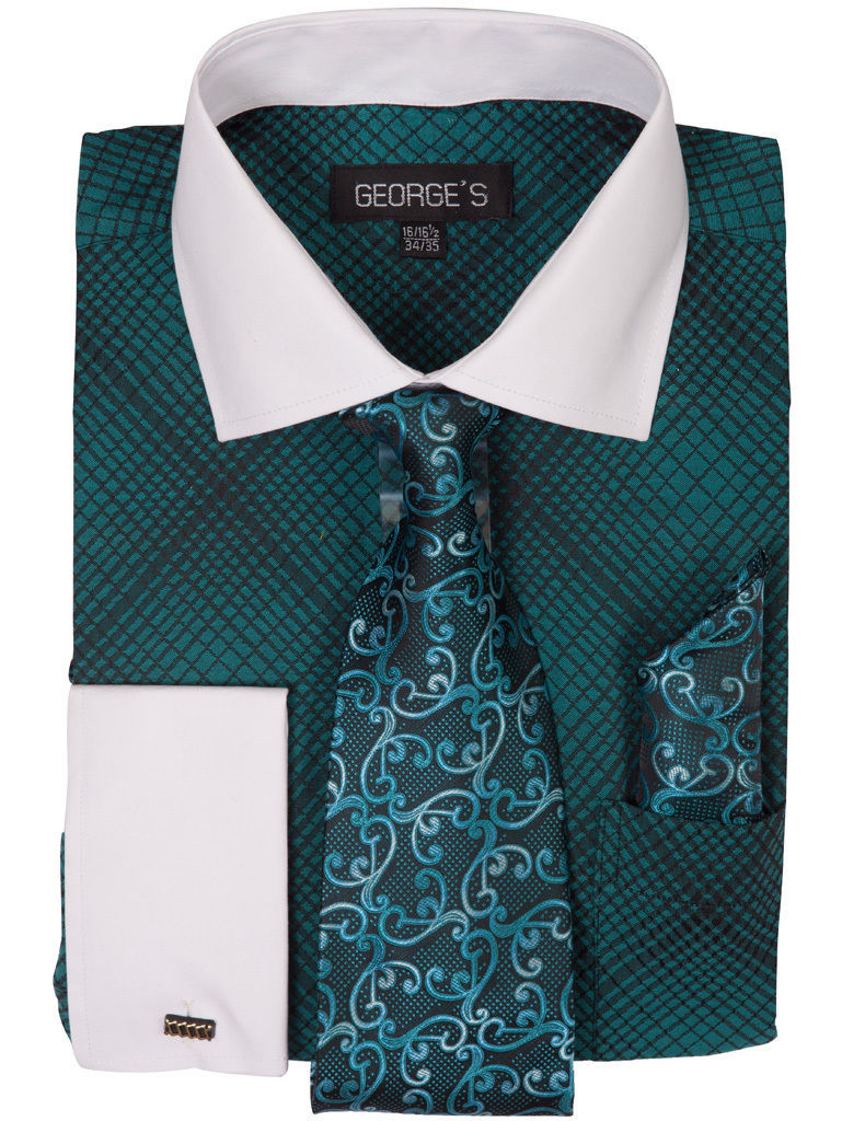 Men’s Mini Plaid/Checks Dress Shirt with Tie and Handkerchief French Cuff AH624