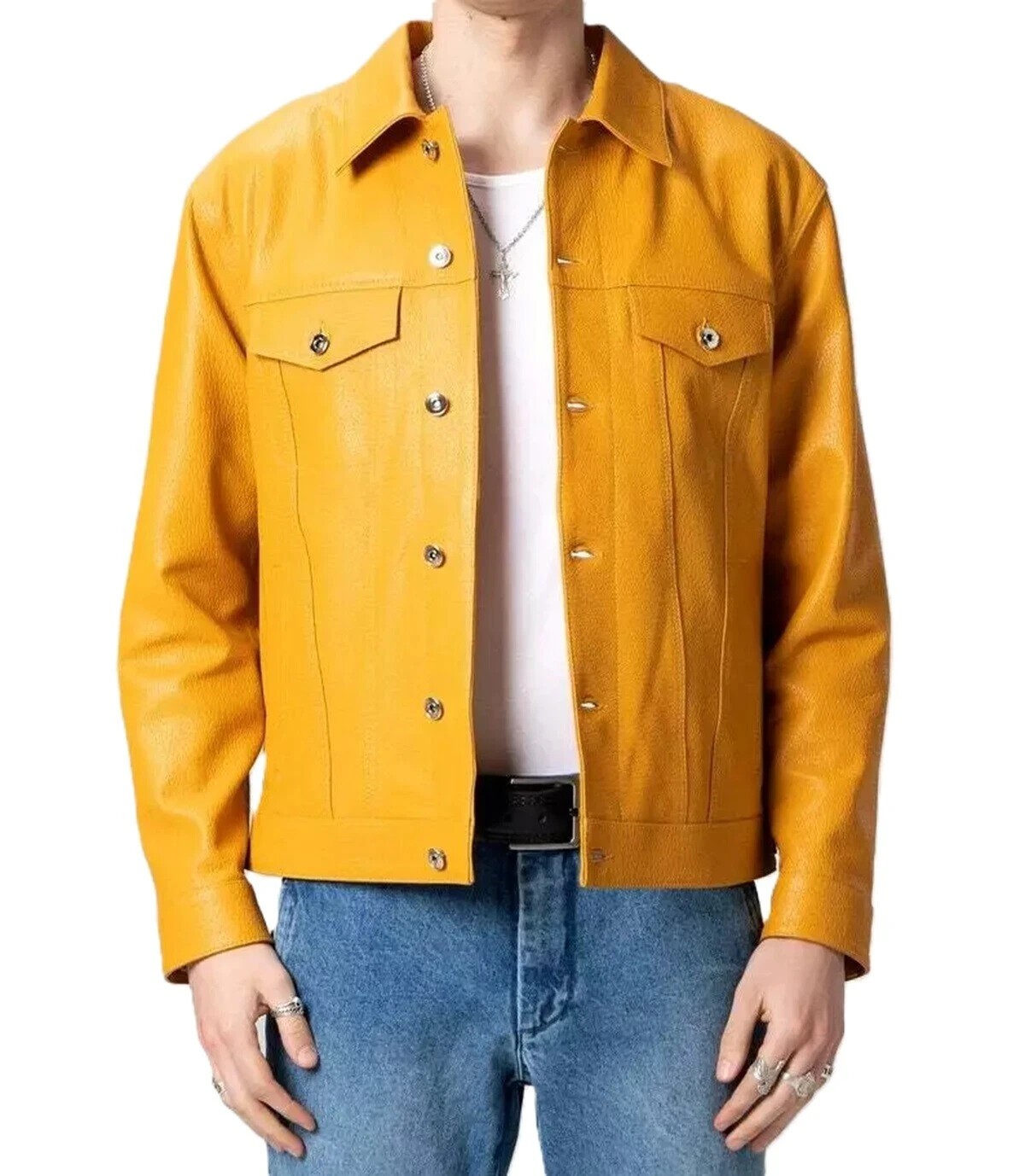 Men’s Yellow Genuine Lambskin Leather Trucker Jacket Denim Style Leather Jacket
