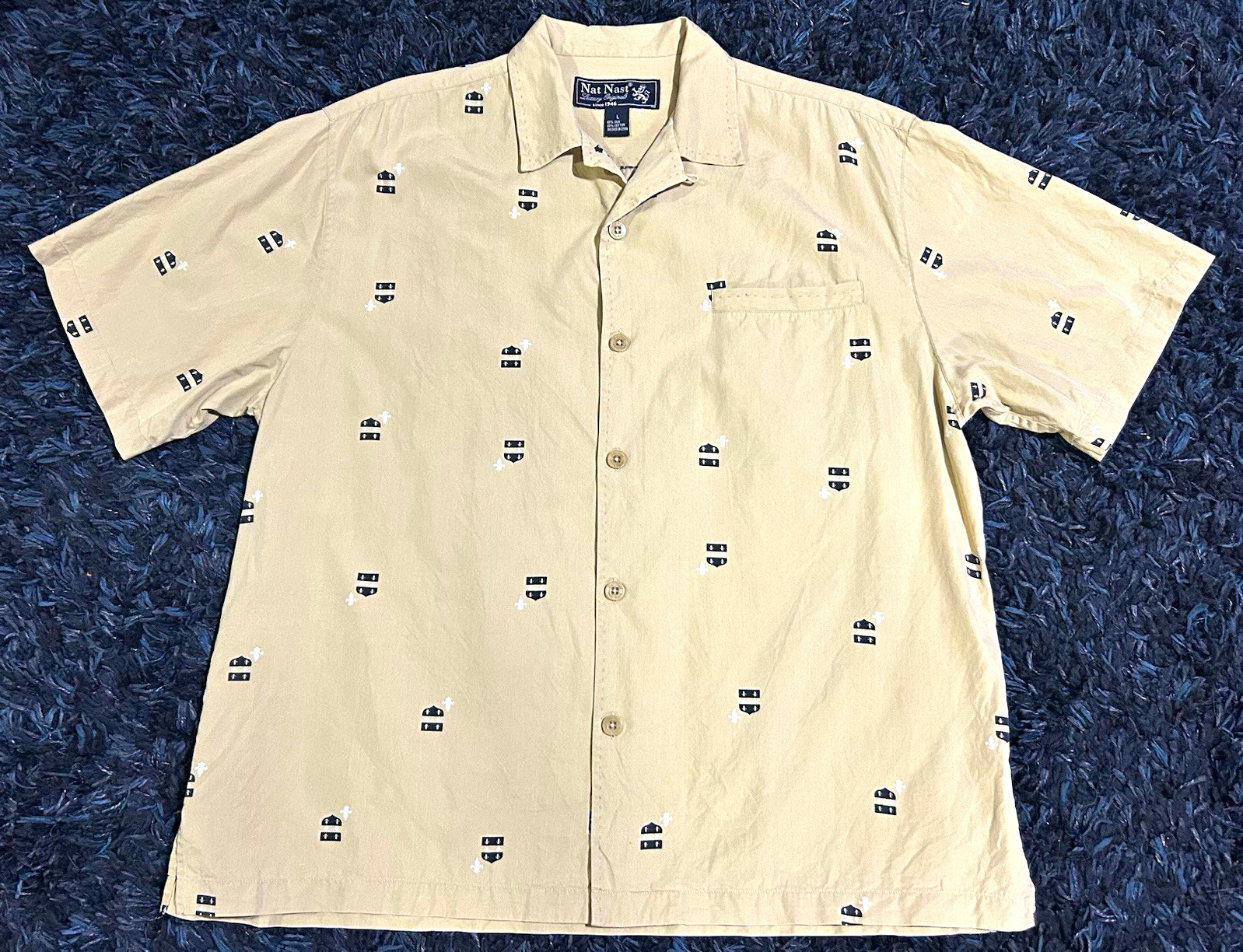 Nat Nast Men’s L Beige Graphic Print Short Sleeve Button-Up Point Collar Silk