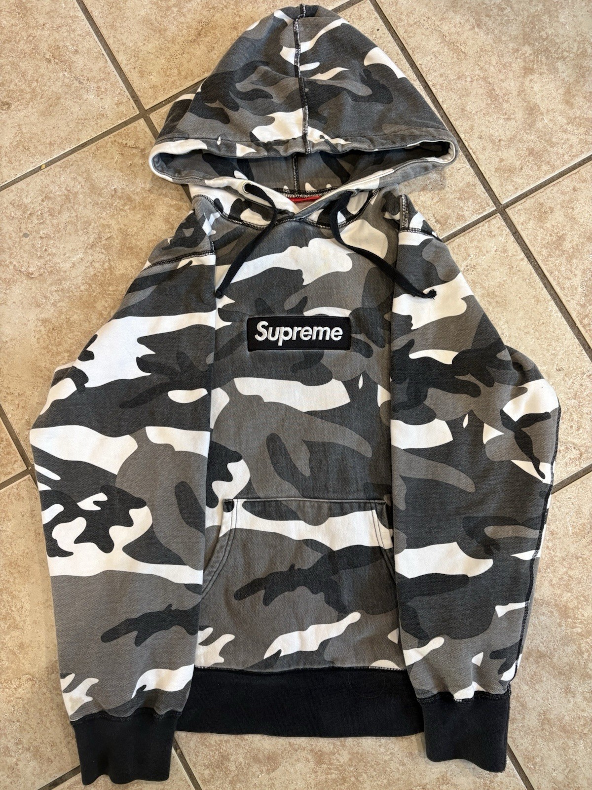 Men’s Supreme Black Grey White Camouflage Snow Camo Box Logo Hoodie FW13 Size M
