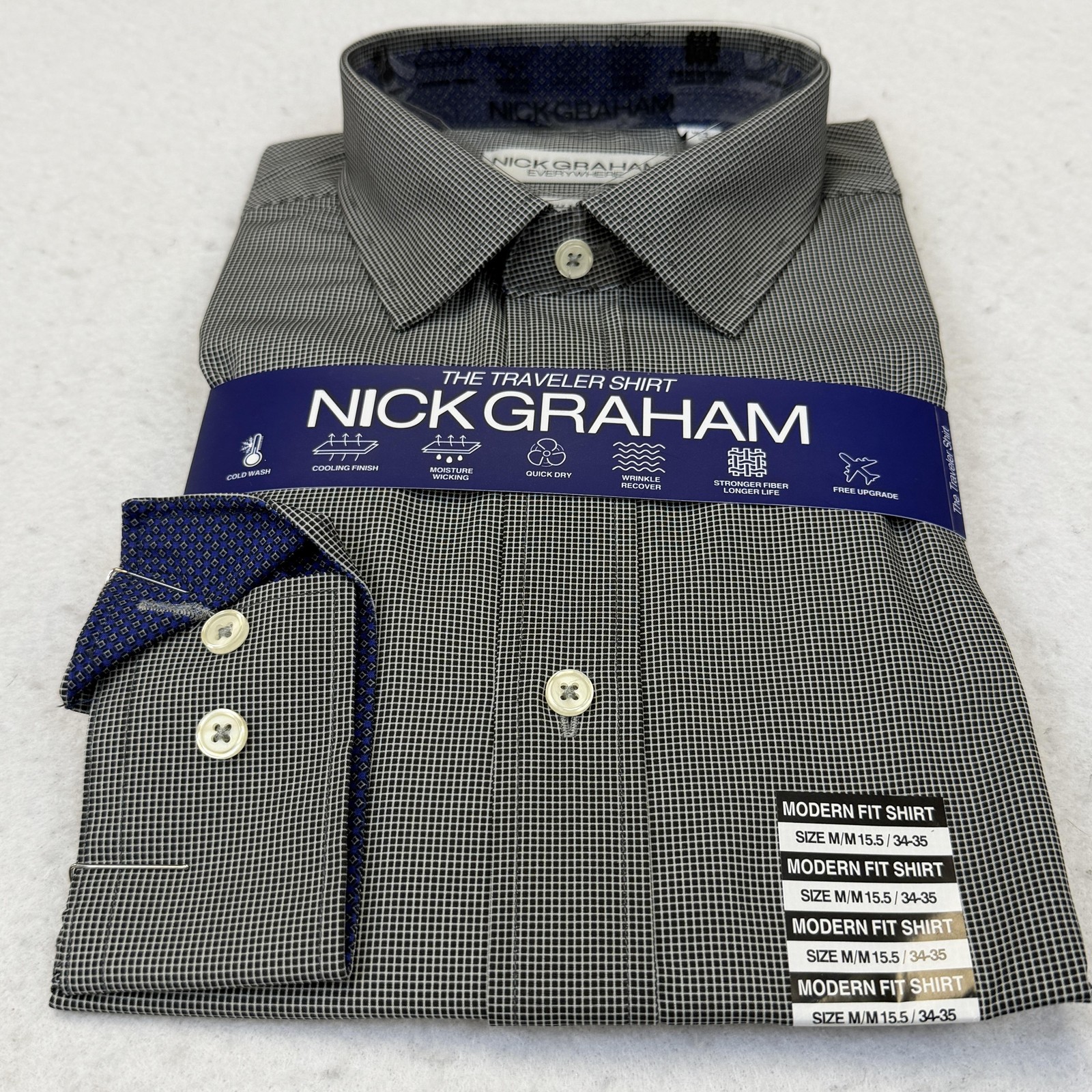 Nick Graham Dress Shirt Mens 15.5 34/35 Black Check Stretch Modern Fit Traveler