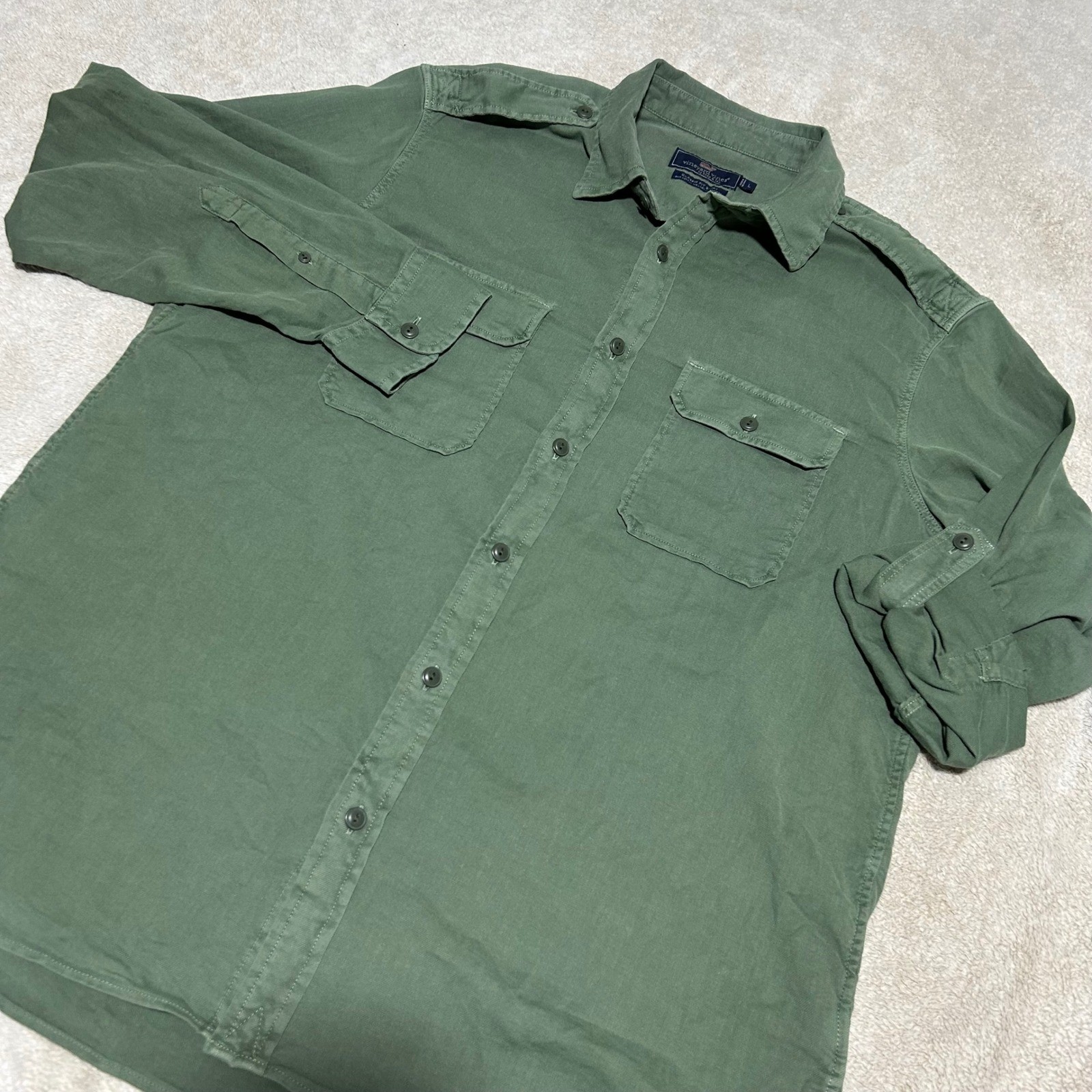 Vineyard Vines Button Down Mens L Green Cotton Linen Stretch Military Epaulette