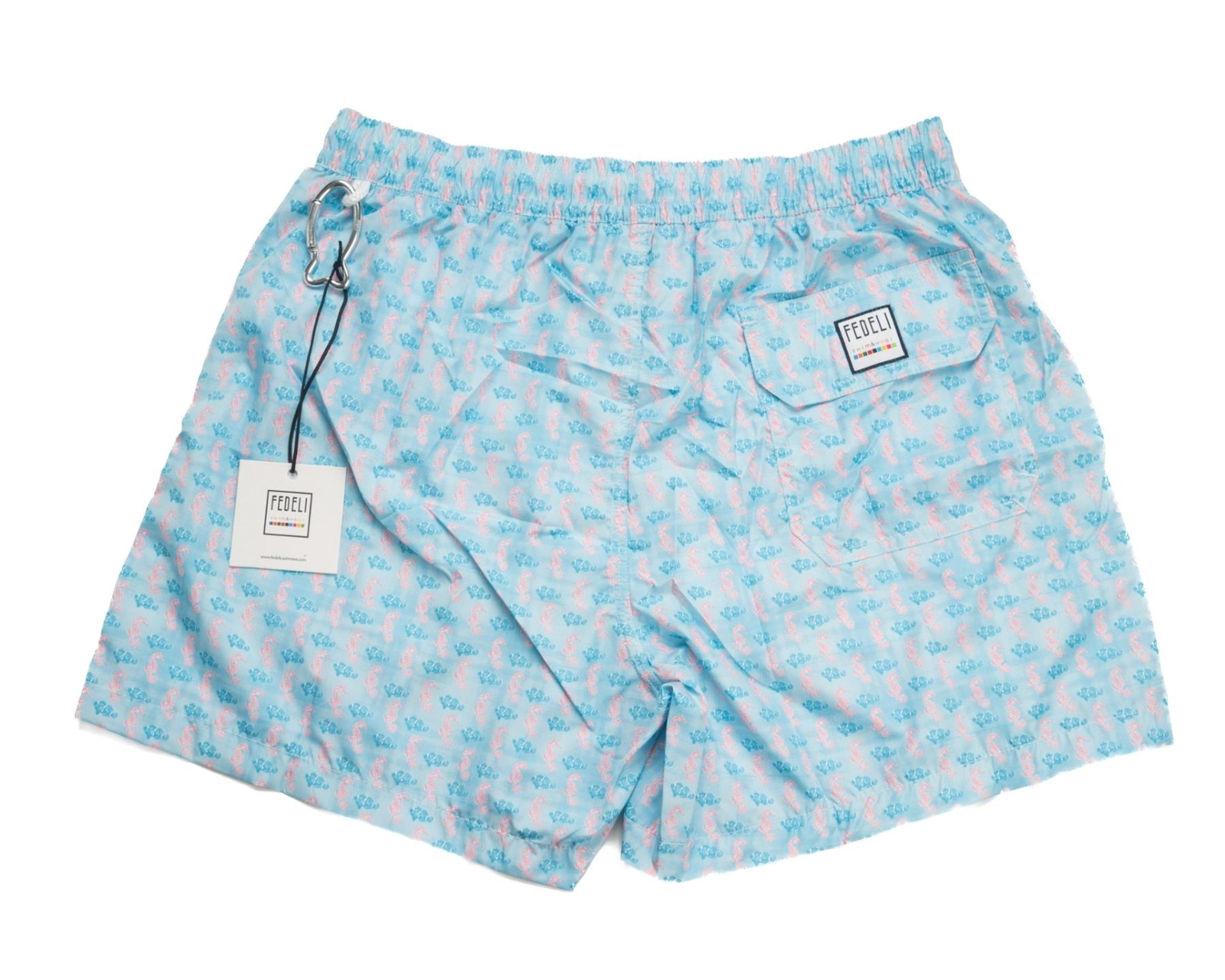 Fedeli $235 NWT Blue Pink Aquatic Print Slim Madeira Sustainable Swim Trunk M