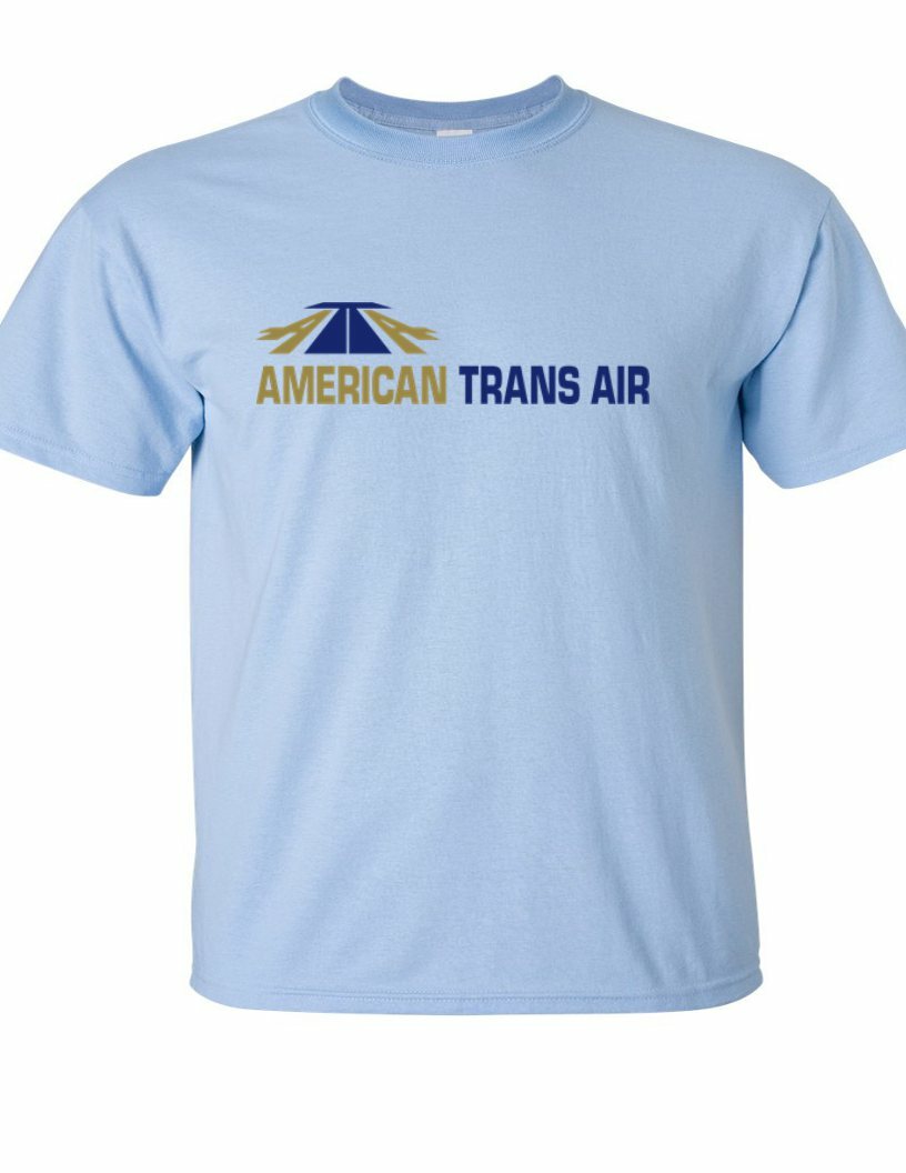 American Trans Air ATA Retro Logo Tee US Airline Travel Sky Blue Cotton T-Shirt