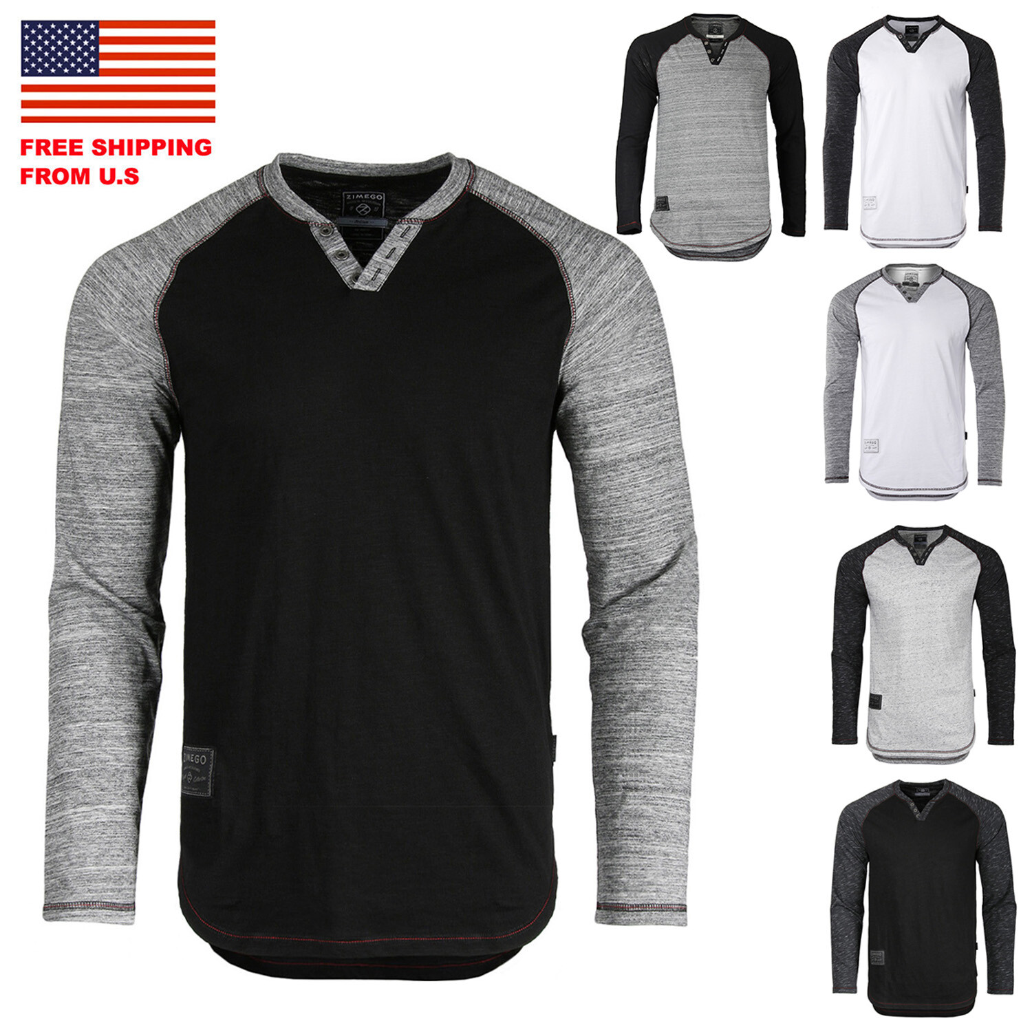 ZIMEGO Mens Long Sleeve Baseball Raglan V-Neck Henley Round Bottom T-Shirt