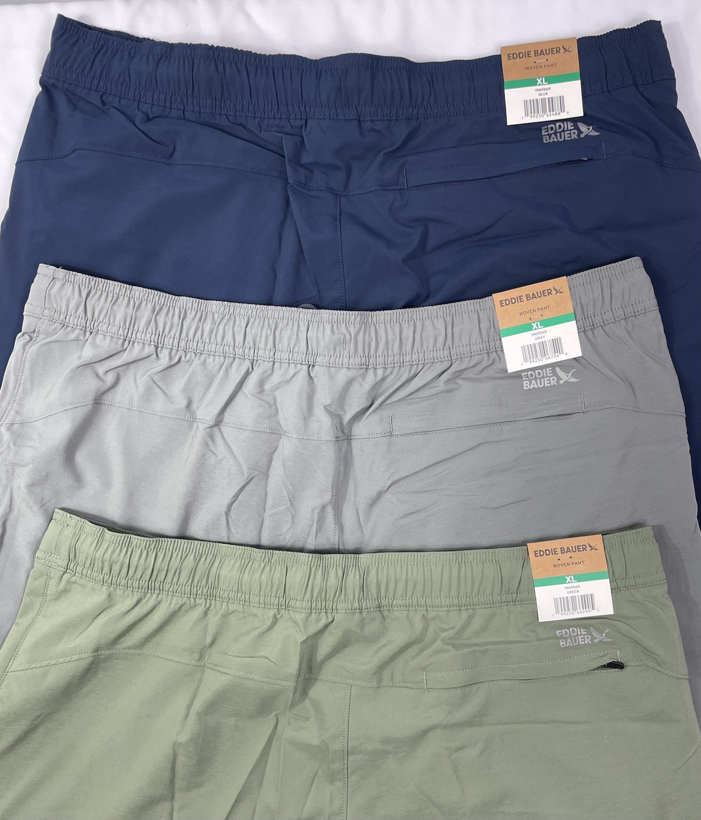 Eddie Bauer Men’s Lot of 3 Woven Pant in Blue, Gray & Green Pick Your Size NWT