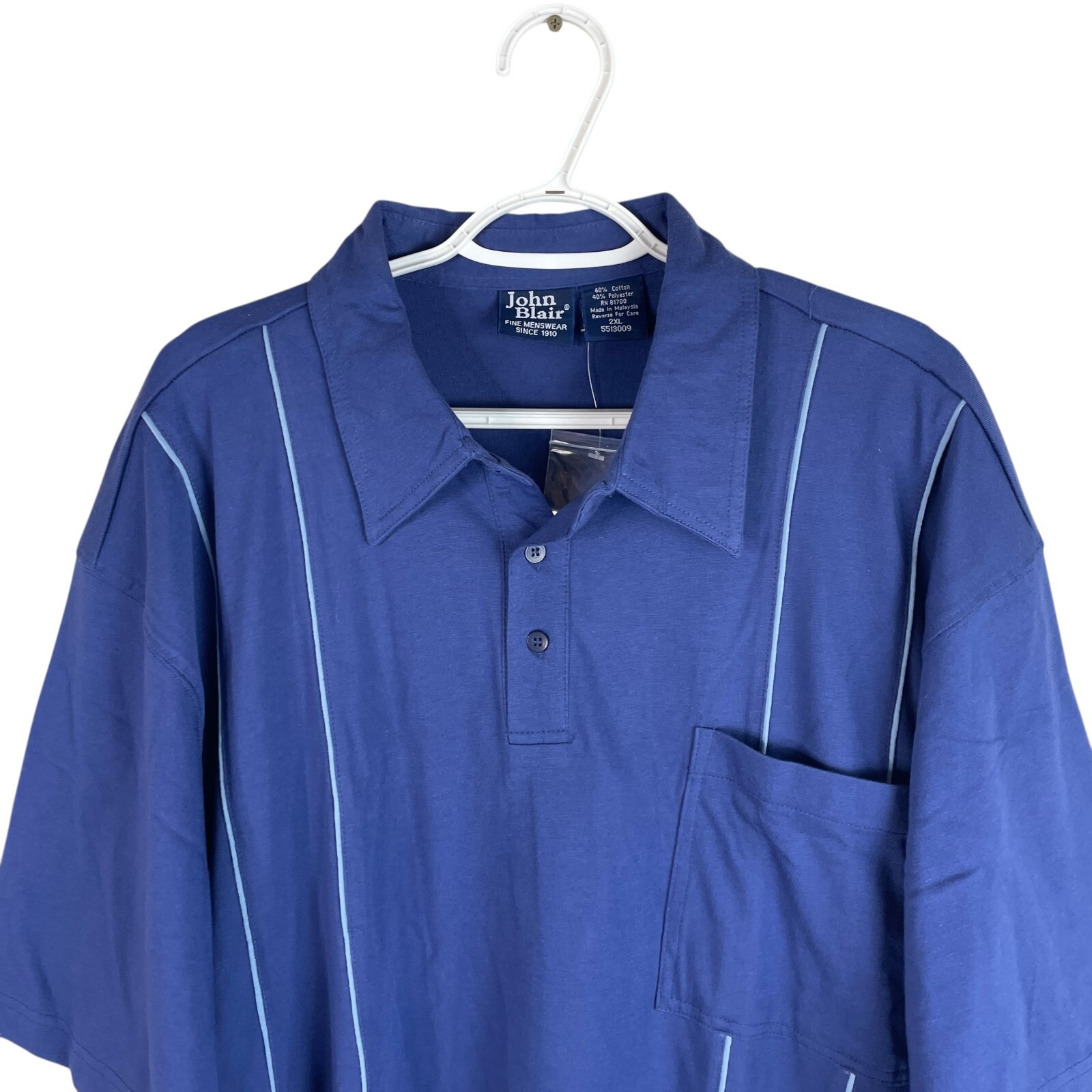 NEW Vtg John Blair Mens Polo Shirt 2XL Blue S/S Stretch Pockets Cotton Blend