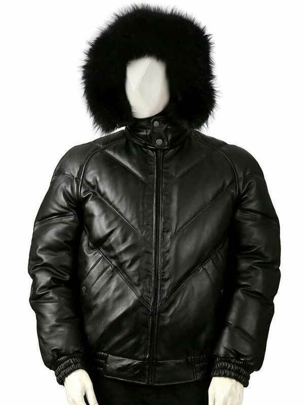Men’s Puffer Faux Fur Hooded Bomber Real Lambskin Napa Leather Winter Jacket -99