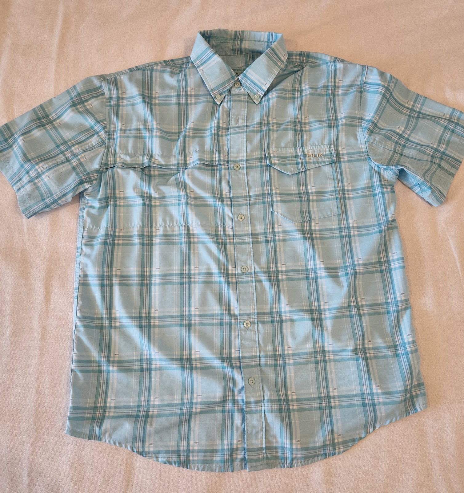 HUK Tide Point Short Sleeve Button Down Fishing Shirt Sz Large Blue Plaid UPF