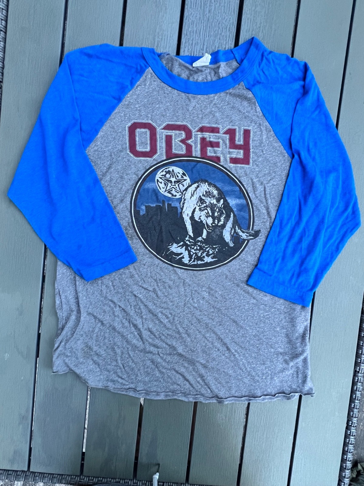 Women’s Obey Wolf Moon 3/4 Sleeve T-Shirt Sz Large Raglan Baseball Y2K Blue Gray