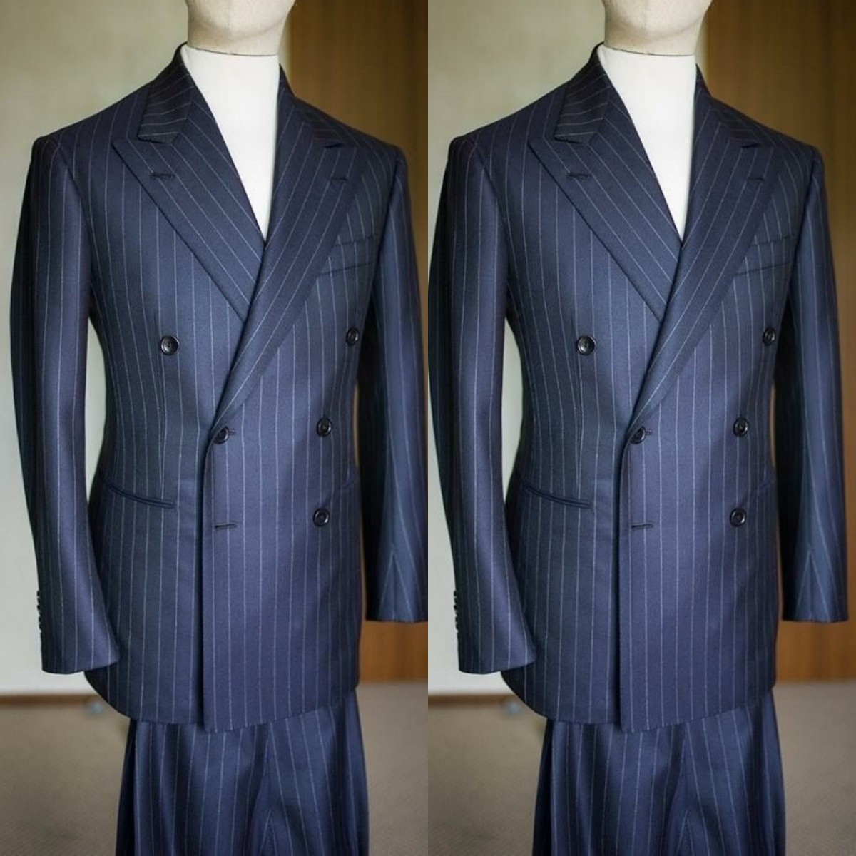 Men’s Striped Suits Peak Lapel FormalDouble Breasted Business Tuxedos Navy Blue