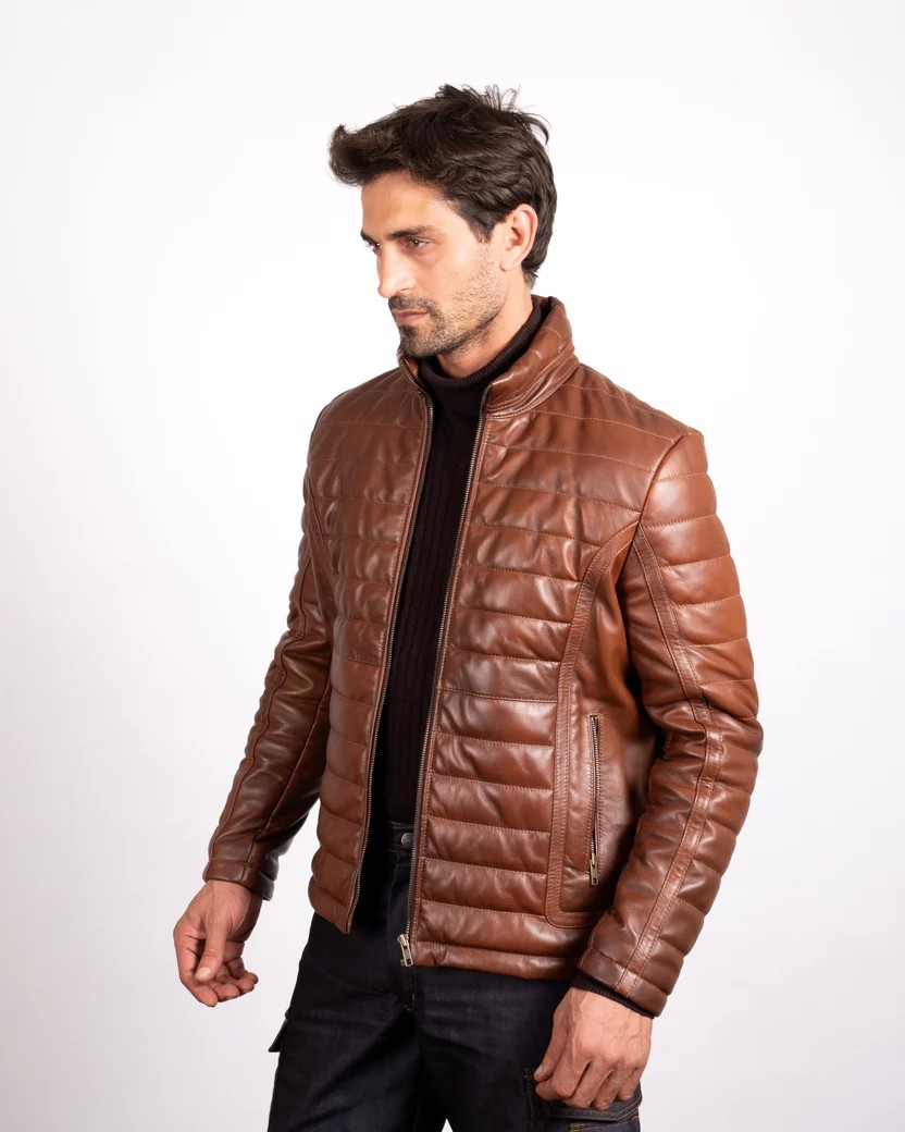 Cafe Racer Leather Jacket Men’s Cognac Brown Lambskin Quilted Motorcycle Coat