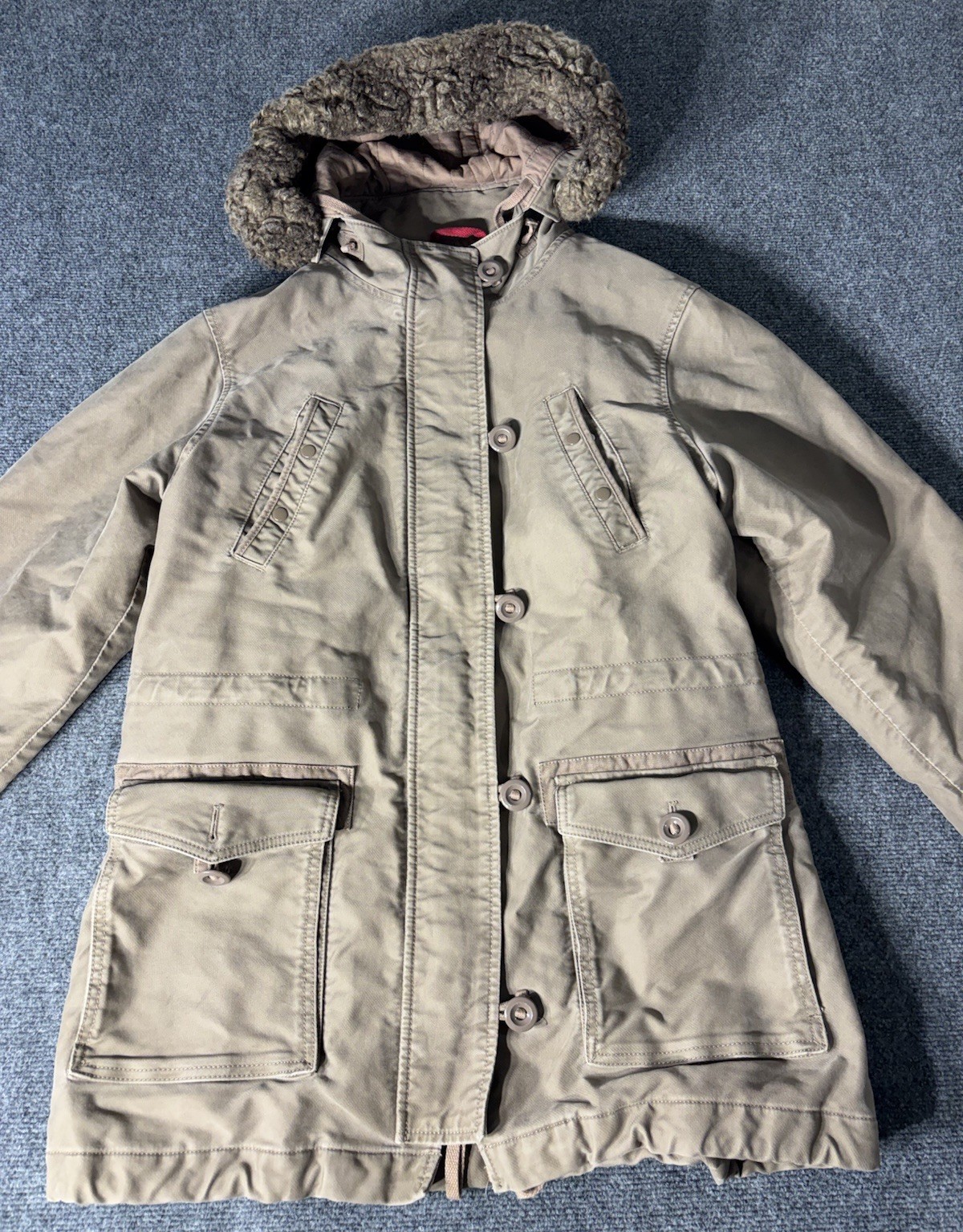 Vintage GAP Parka Jacket Mens L Khaki Brown Quilted Hooded Sherpa Fur Trim Coat